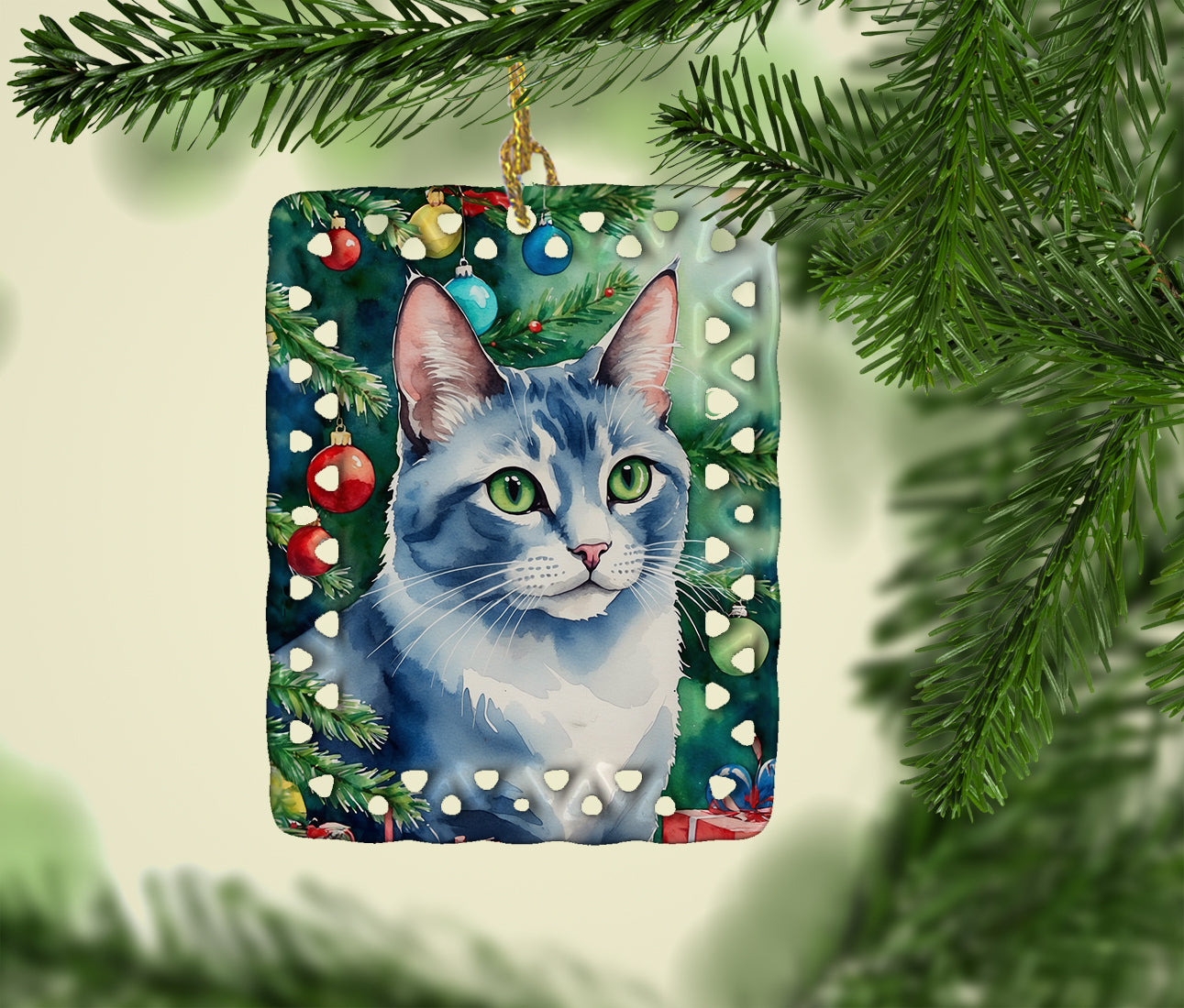 Ojos Azules Cat By the Christmas Tree Porcelain Ornament