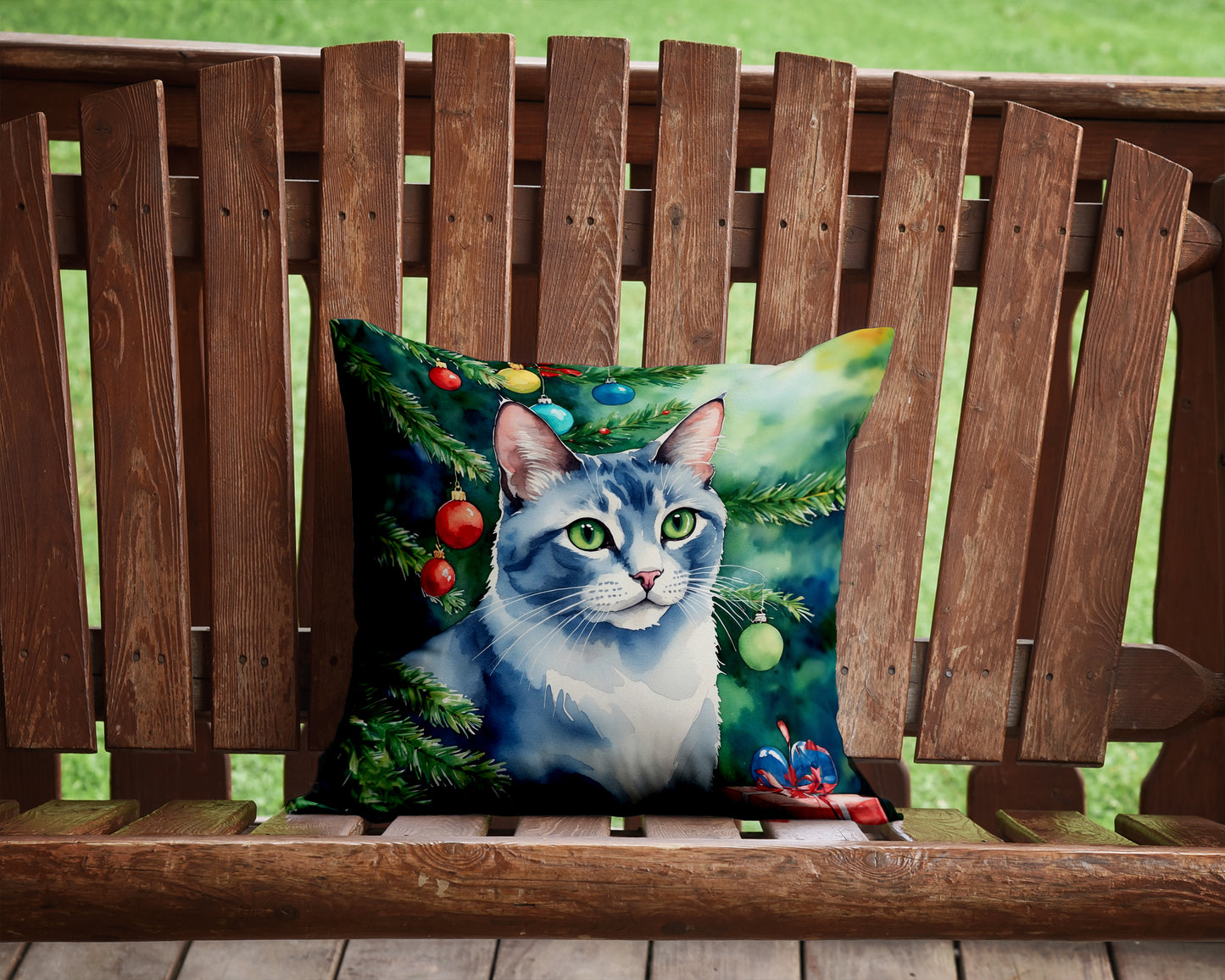 Ojos Azules Cat By the Christmas Tree Throw Pillow