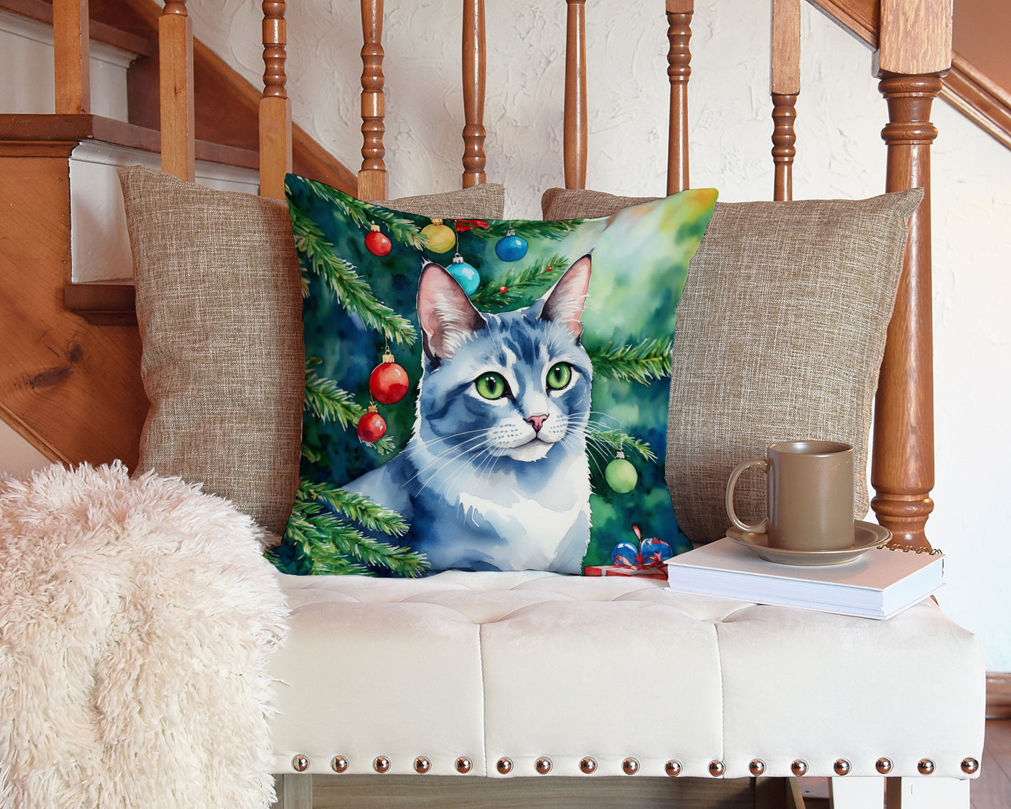 Ojos Azules Cat By the Christmas Tree Throw Pillow