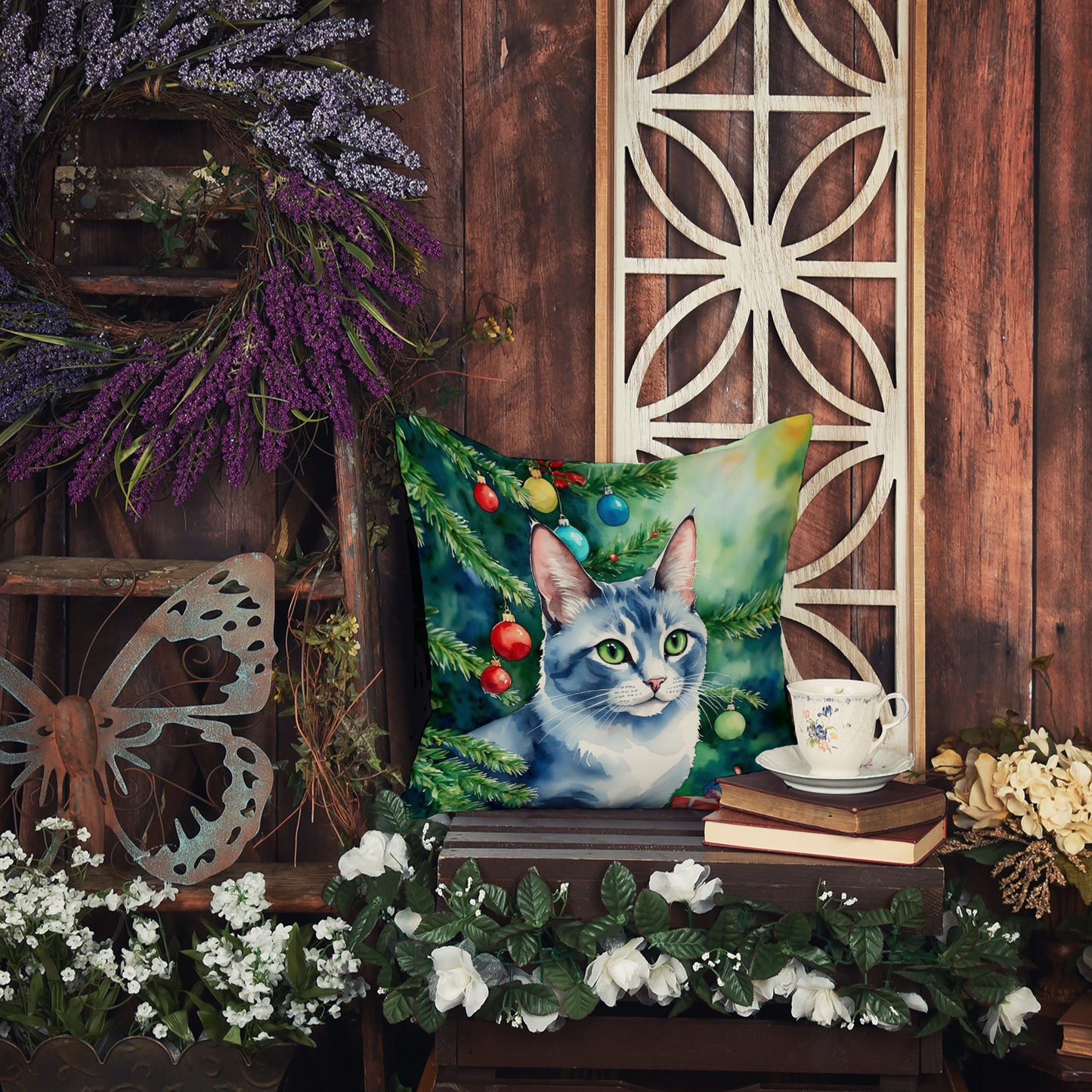 Ojos Azules Cat By the Christmas Tree Throw Pillow