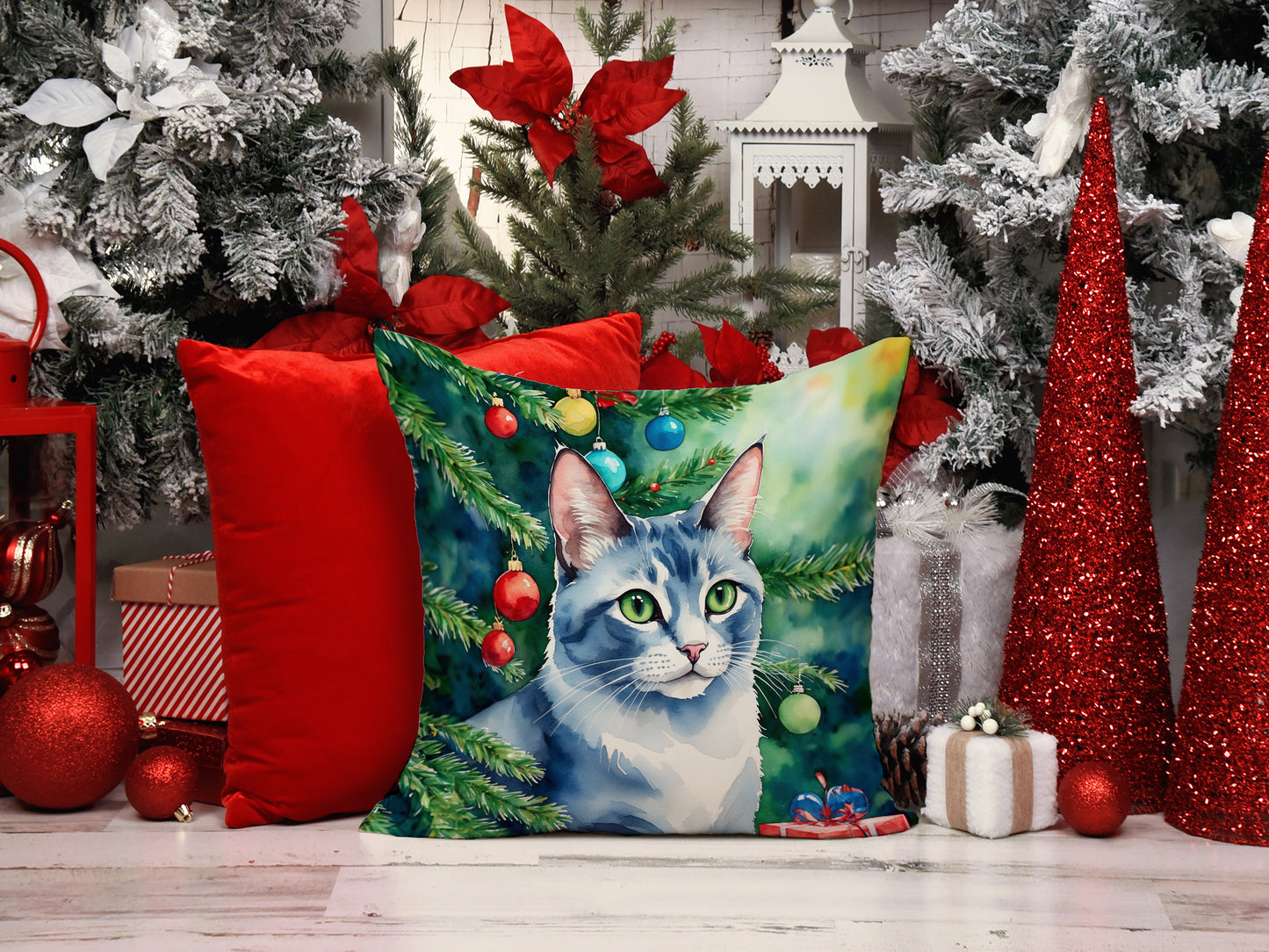 Ojos Azules Cat By the Christmas Tree Throw Pillow