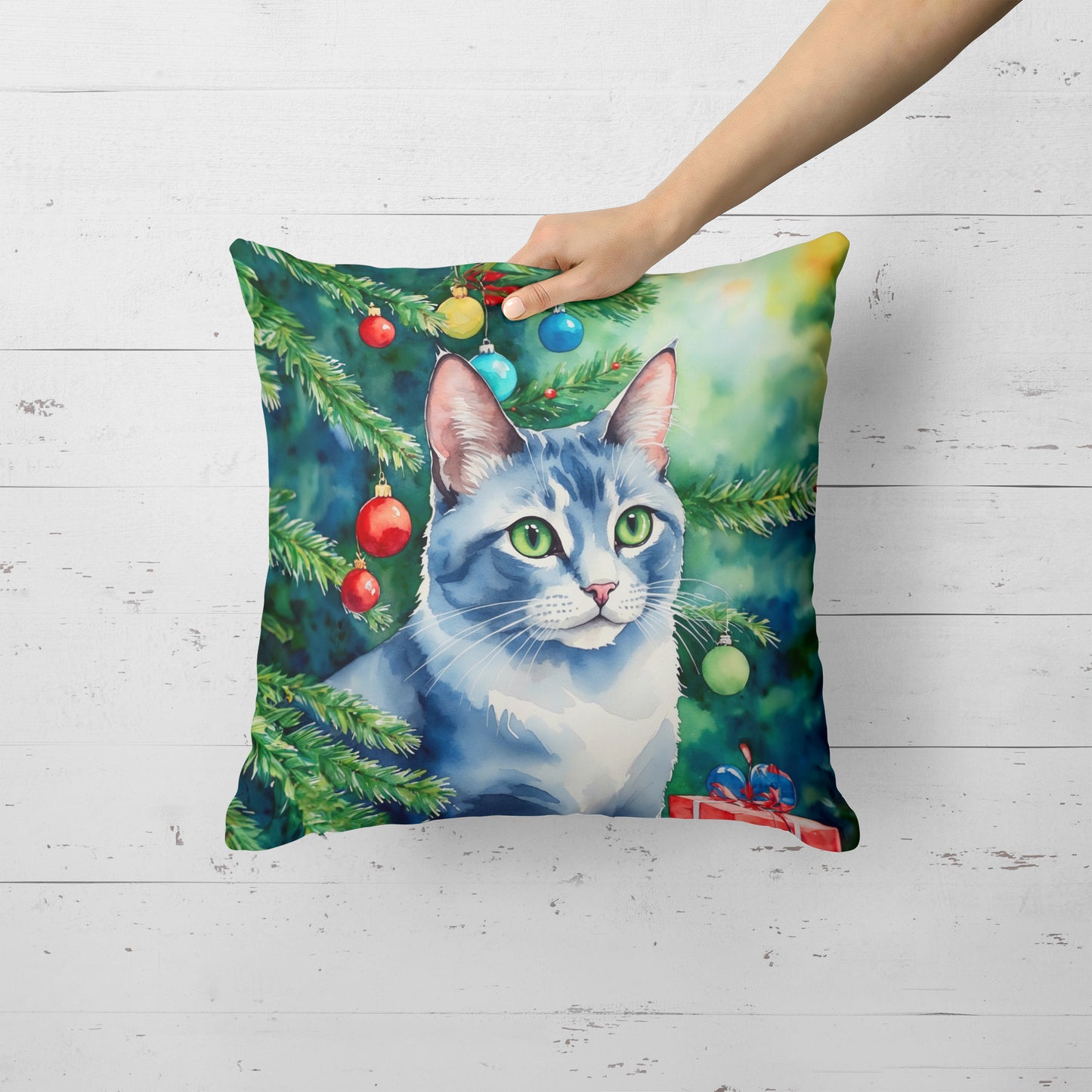 Ojos Azules Cat By the Christmas Tree Throw Pillow