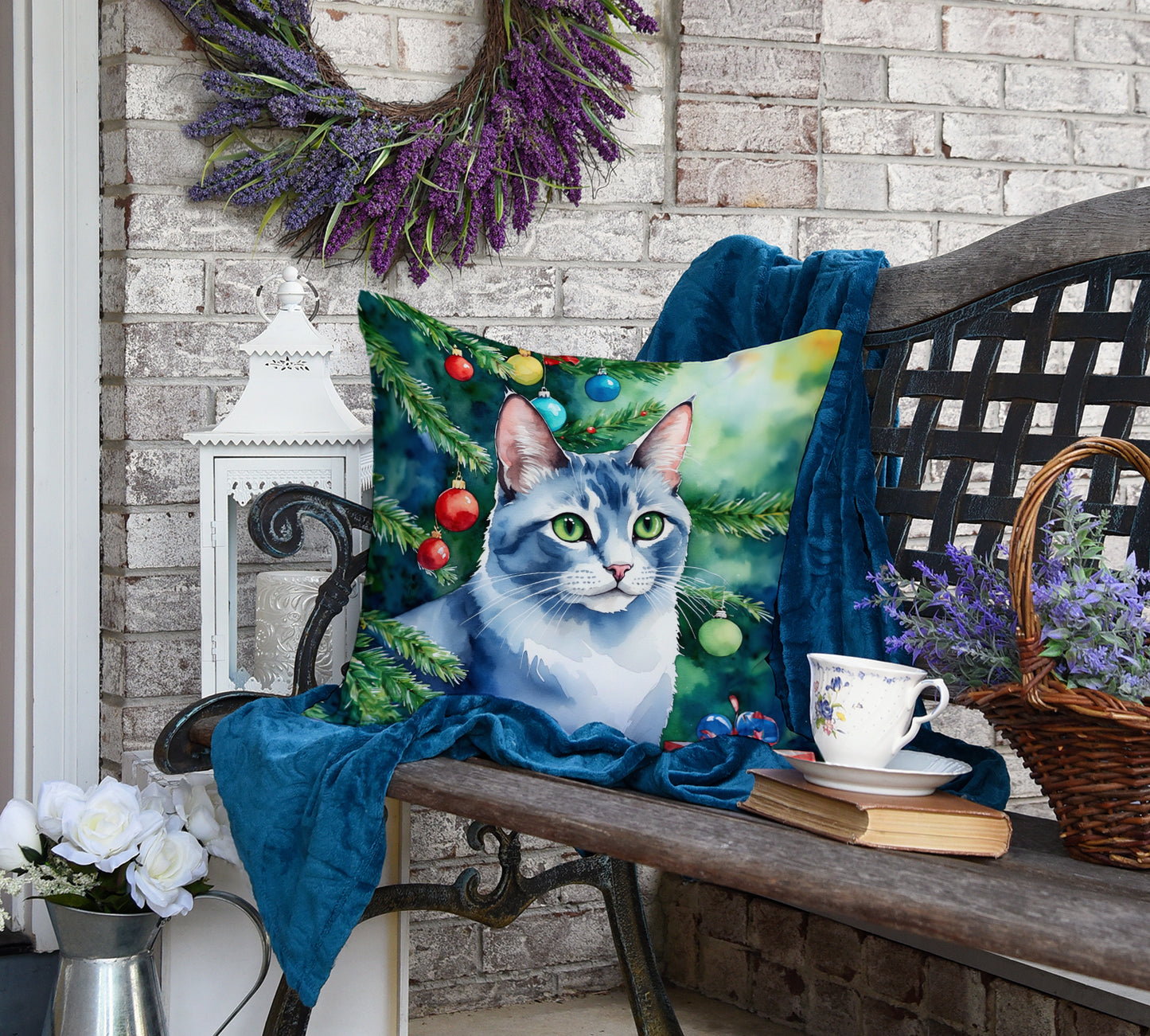 Ojos Azules Cat By the Christmas Tree Throw Pillow