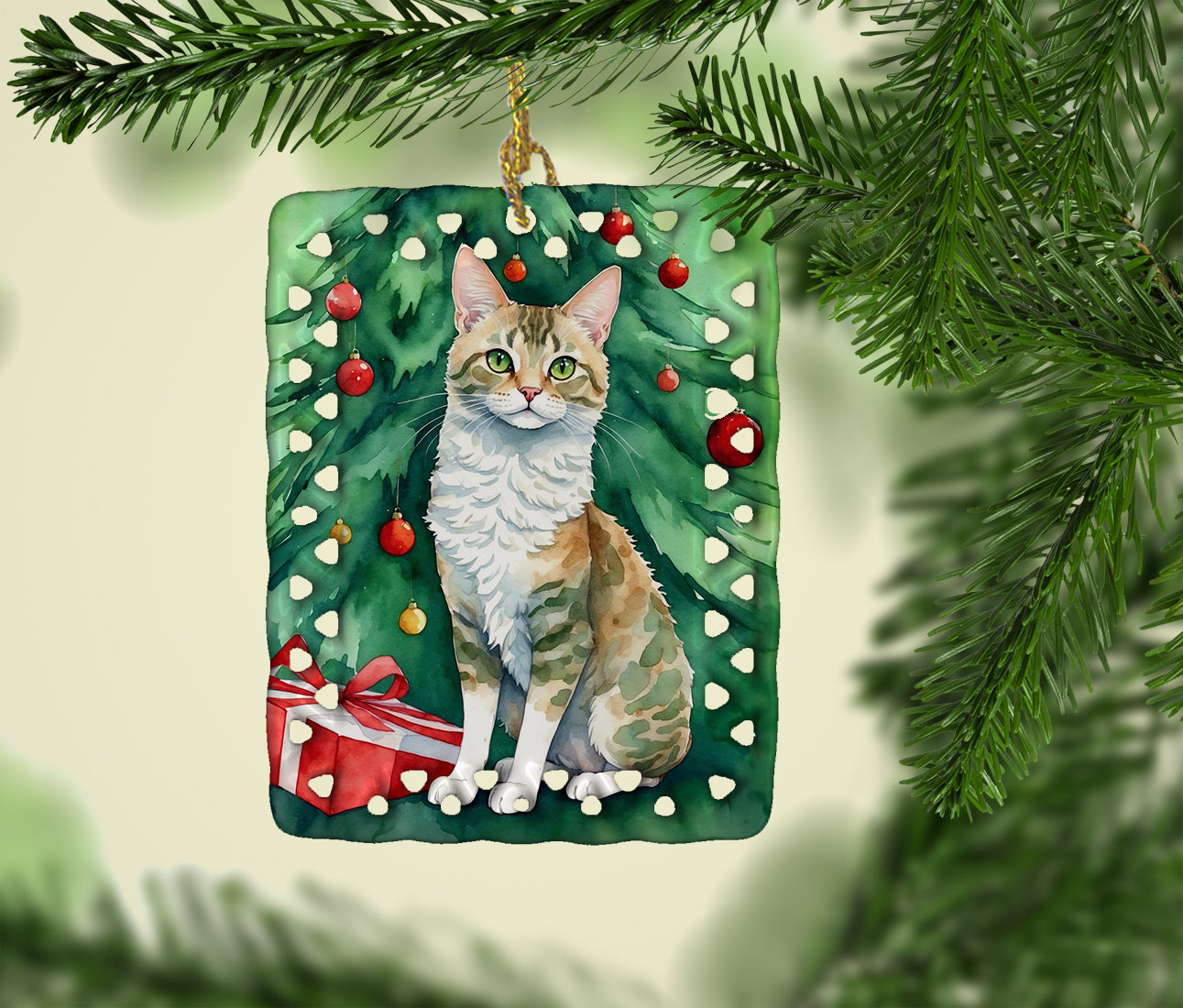 Oregon Rex Cat By the Christmas Tree Porcelain Ornament
