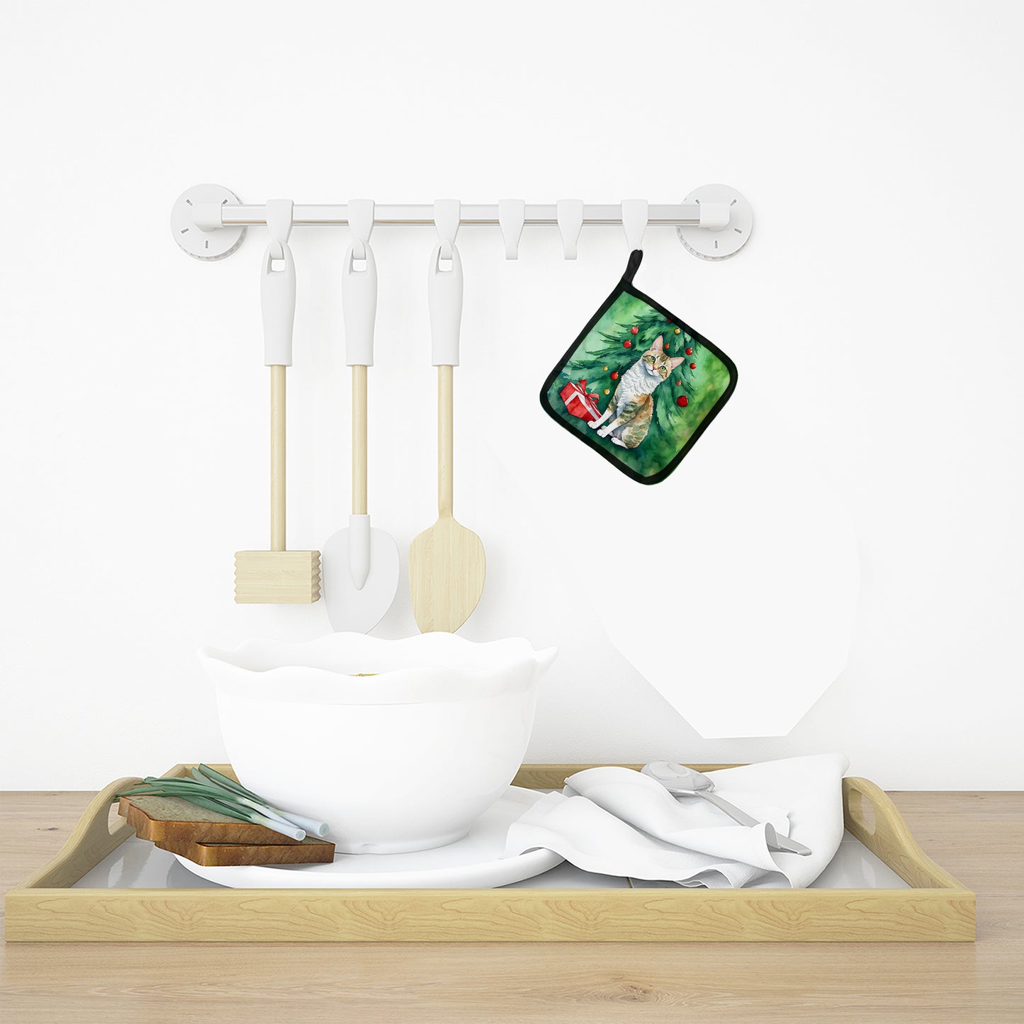 Oregon Rex Cat By the Christmas Tree Pair of Pot Holders