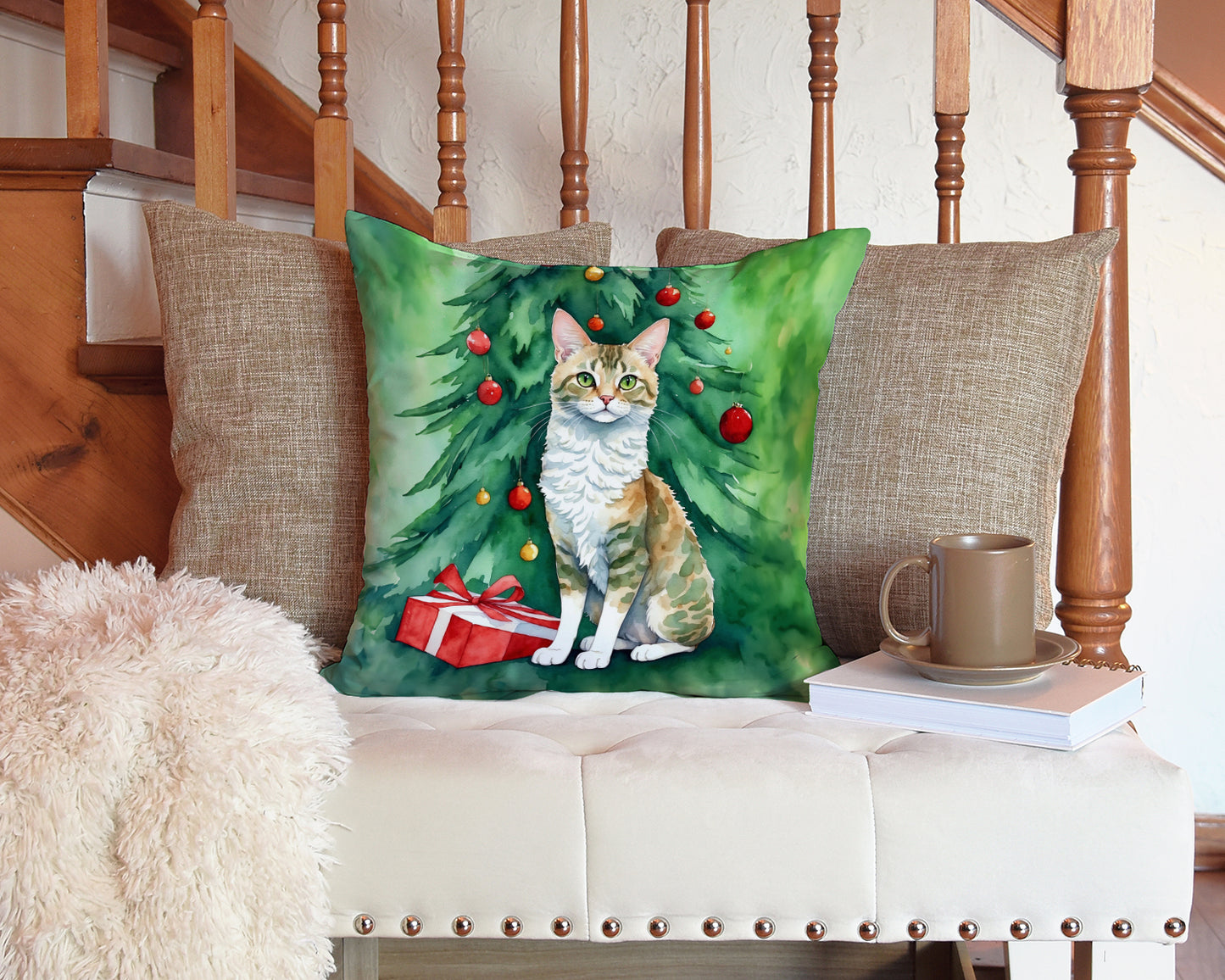 Oregon Rex Cat By the Christmas Tree Throw Pillow
