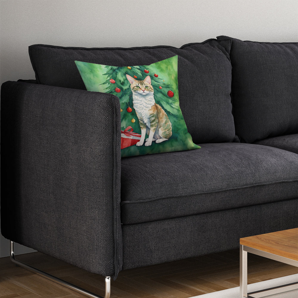 Oregon Rex Cat By the Christmas Tree Throw Pillow