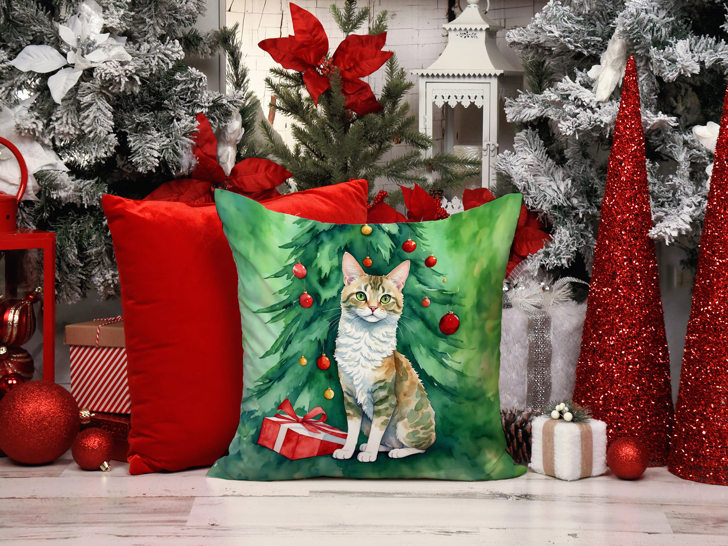Oregon Rex Cat By the Christmas Tree Throw Pillow