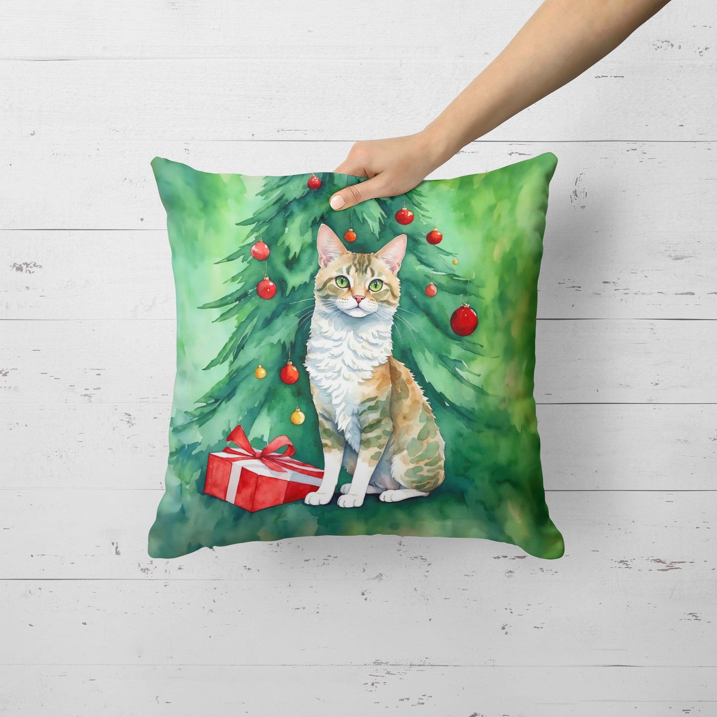 Oregon Rex Cat By the Christmas Tree Throw Pillow