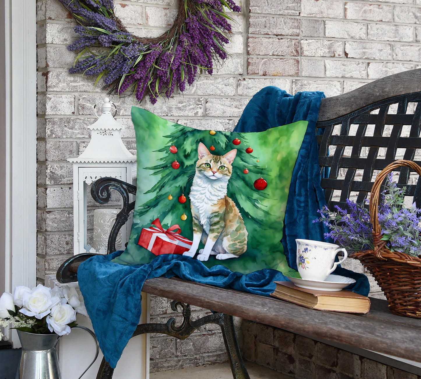 Oregon Rex Cat By the Christmas Tree Throw Pillow