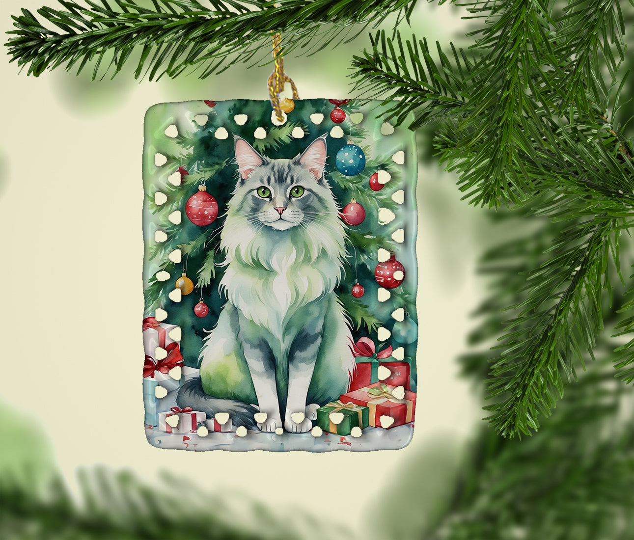 Oriental Longhair Cat By the Christmas Tree Porcelain Ornament