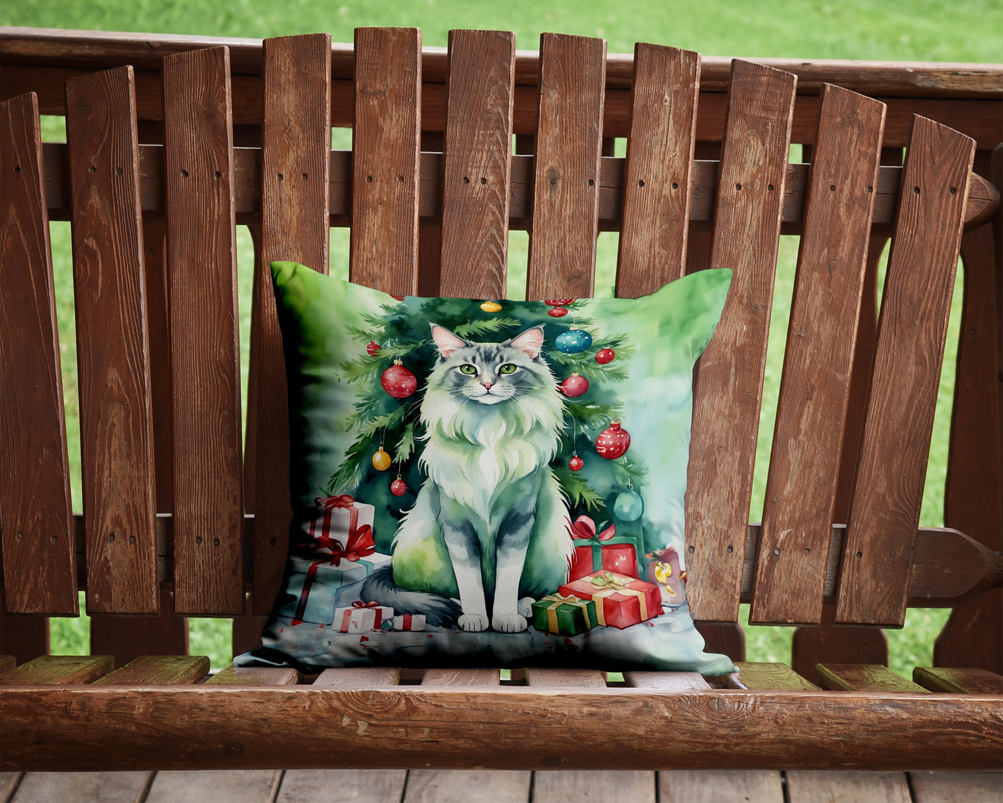 Oriental Longhair Cat By the Christmas Tree Throw Pillow