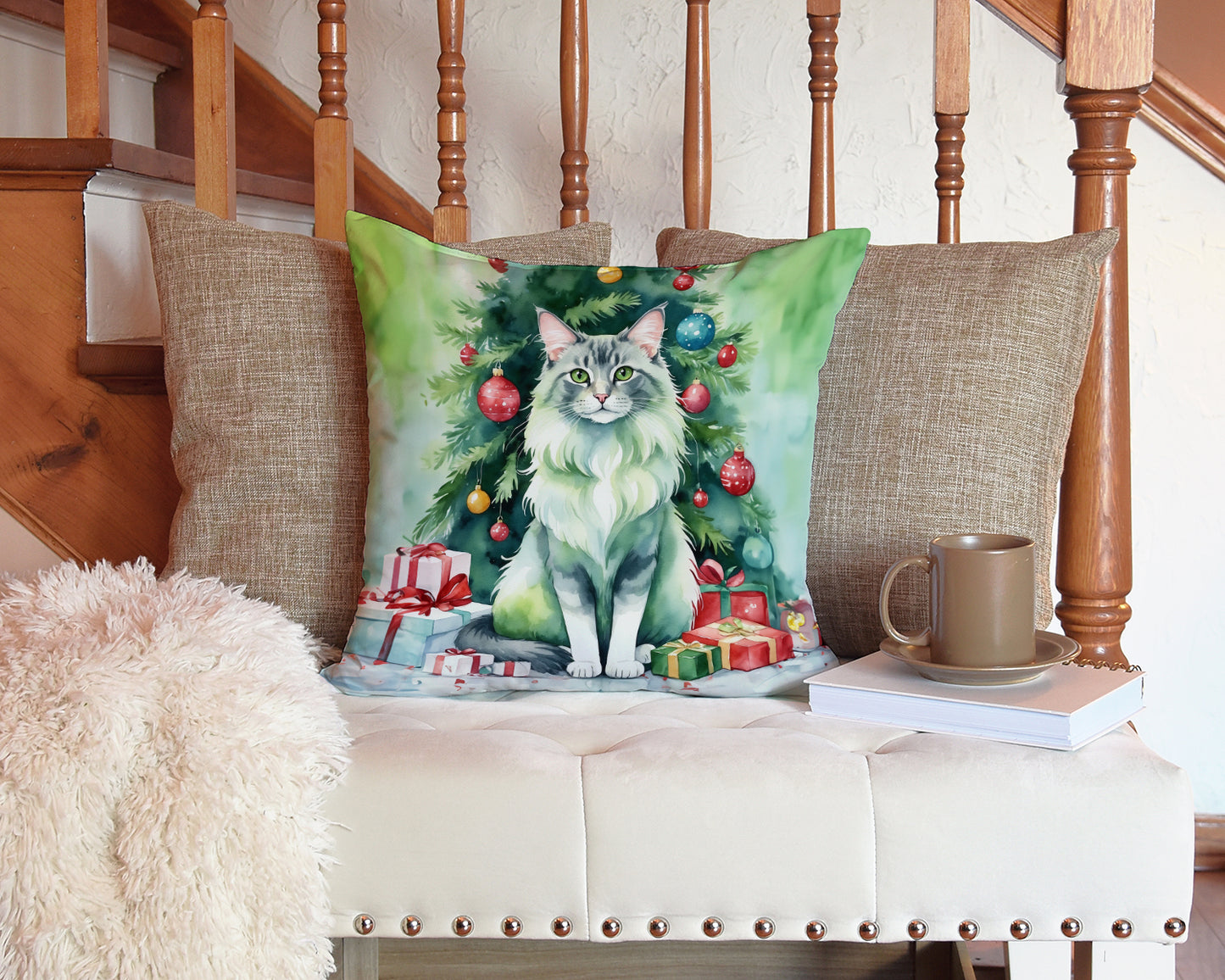 Oriental Longhair Cat By the Christmas Tree Throw Pillow
