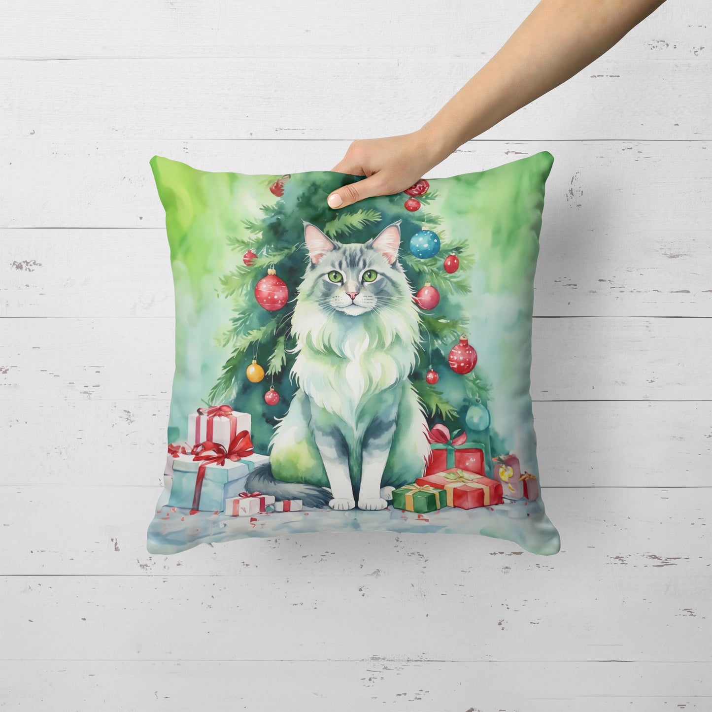 Oriental Longhair Cat By the Christmas Tree Throw Pillow