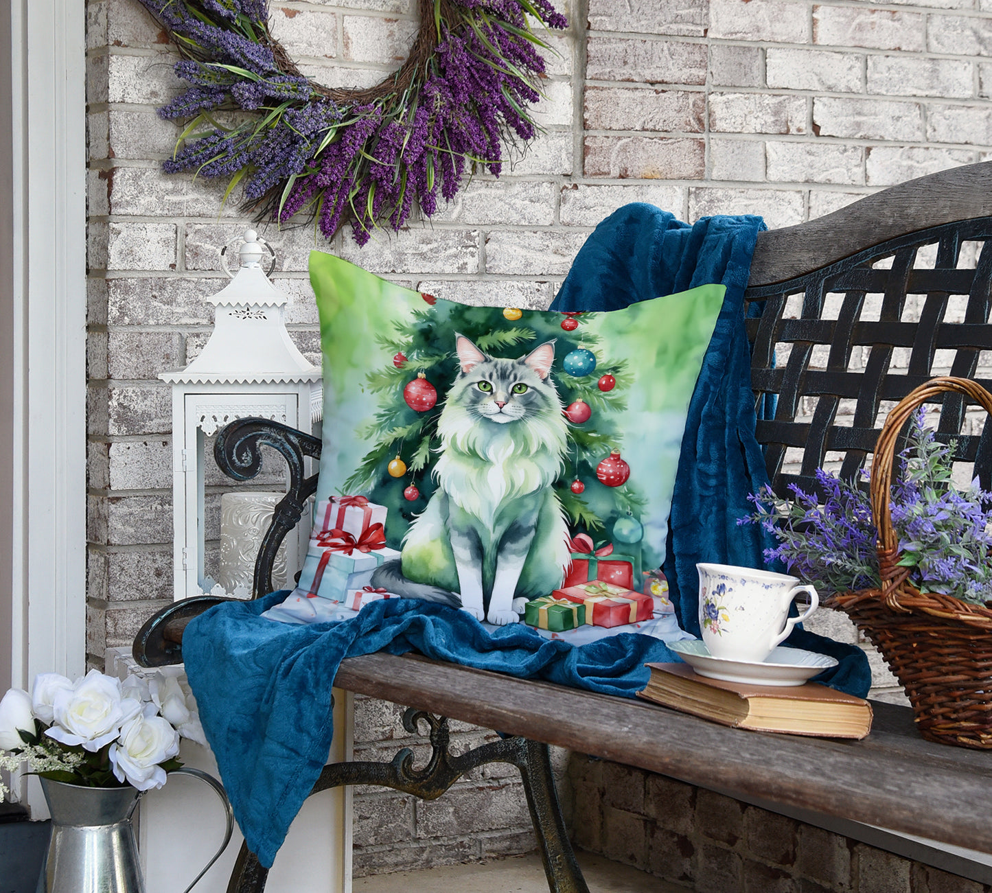 Oriental Longhair Cat By the Christmas Tree Throw Pillow