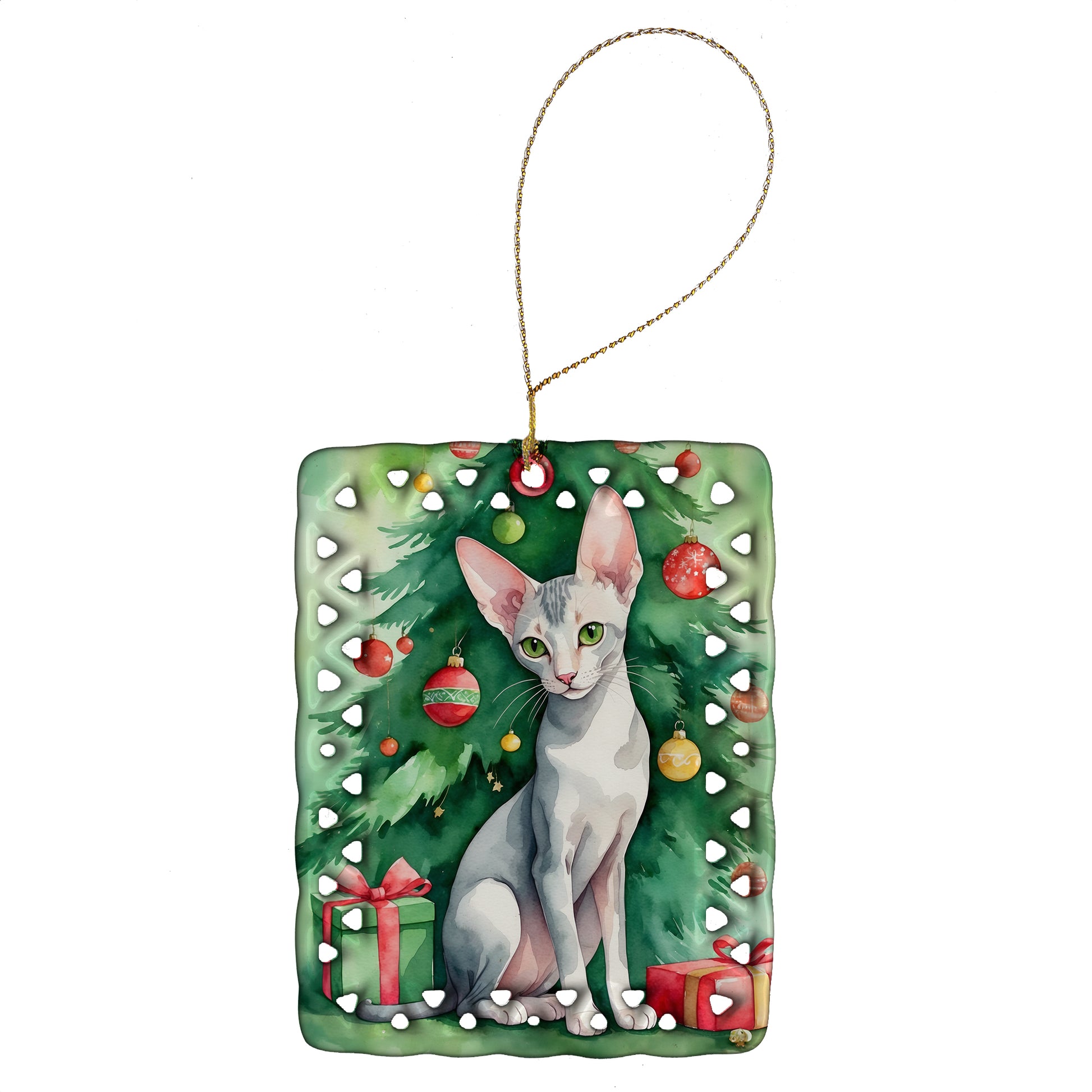 Buy this Oriental Shorthair Cat By the Christmas Tree Porcelain Ornament