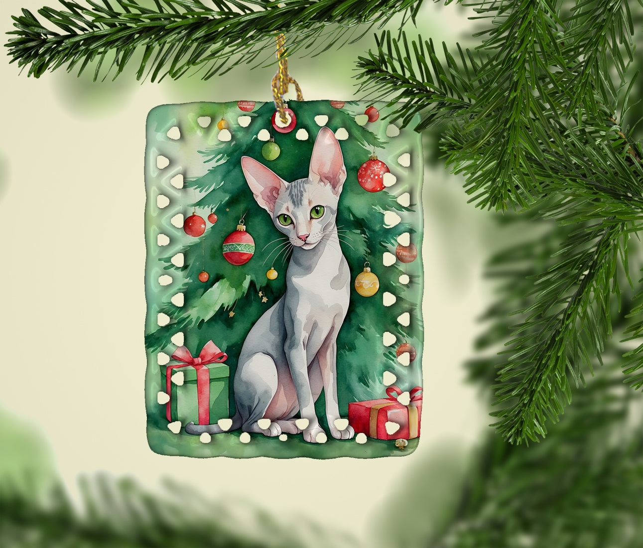 Oriental Shorthair Cat By the Christmas Tree Porcelain Ornament