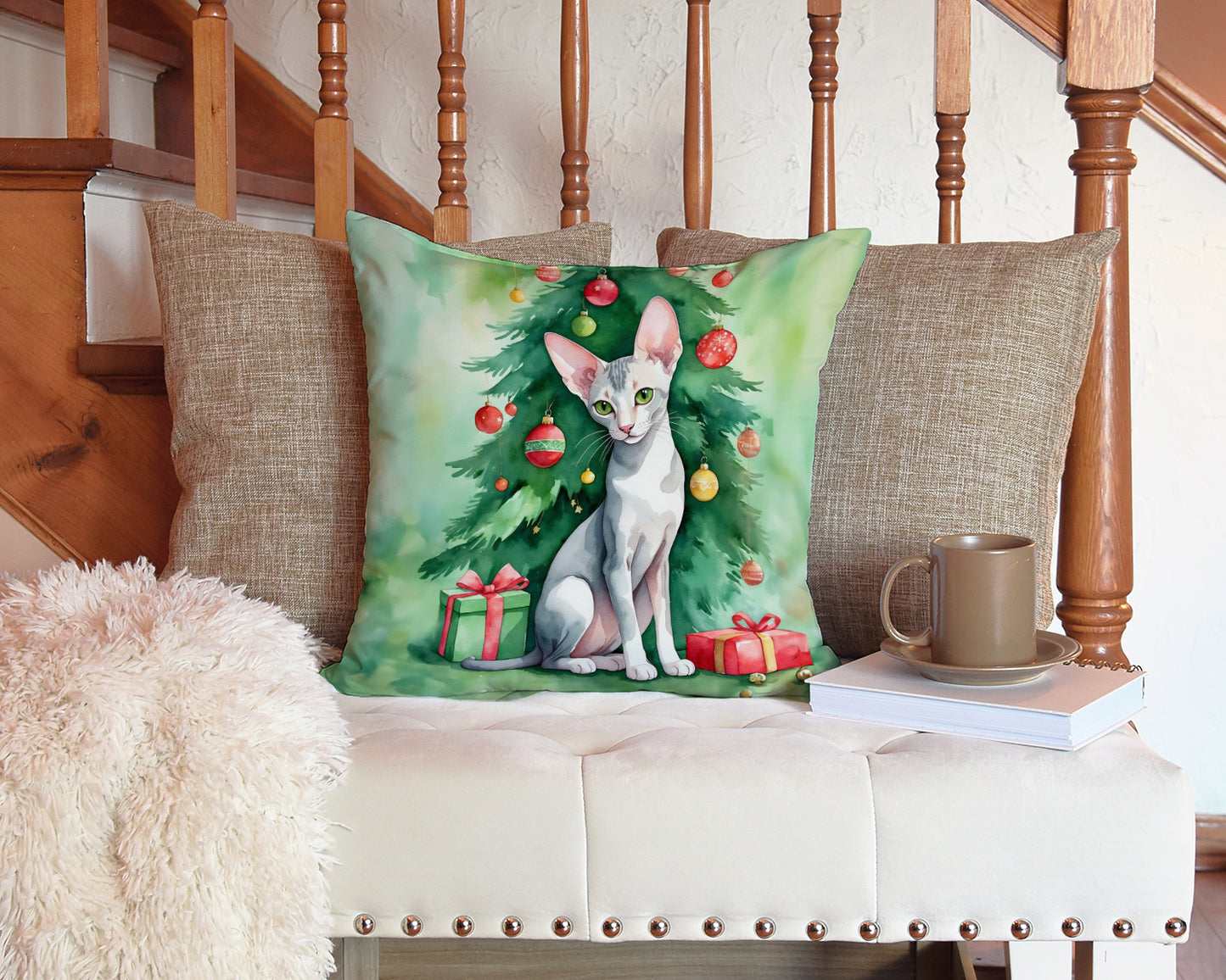 Oriental Shorthair Cat By the Christmas Tree Throw Pillow