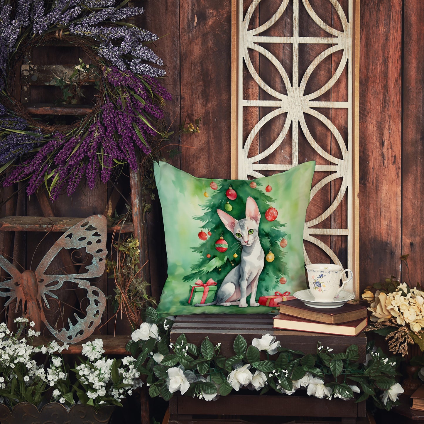 Oriental Shorthair Cat By the Christmas Tree Throw Pillow