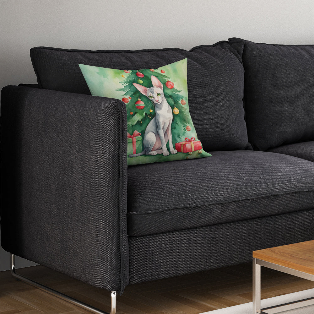 Oriental Shorthair Cat By the Christmas Tree Throw Pillow