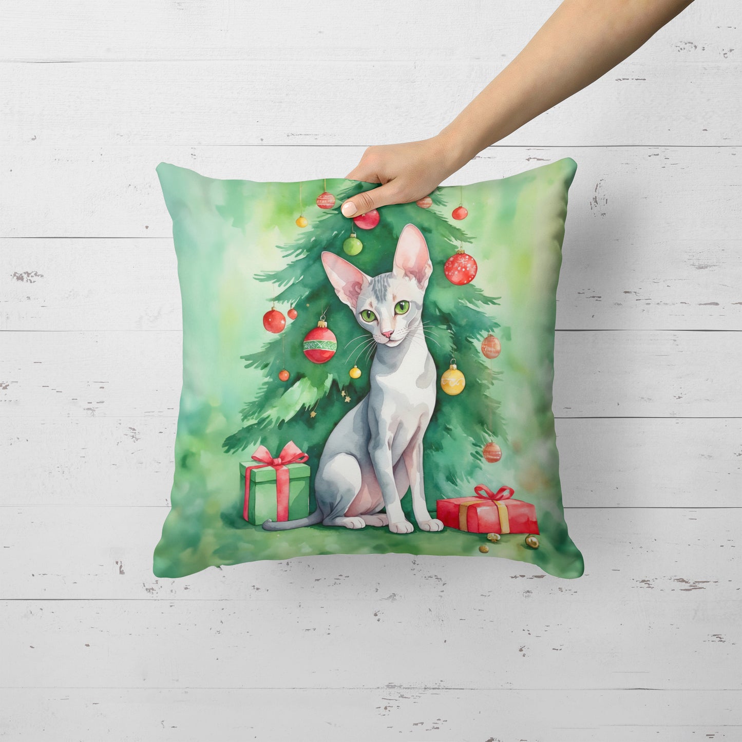 Oriental Shorthair Cat By the Christmas Tree Throw Pillow