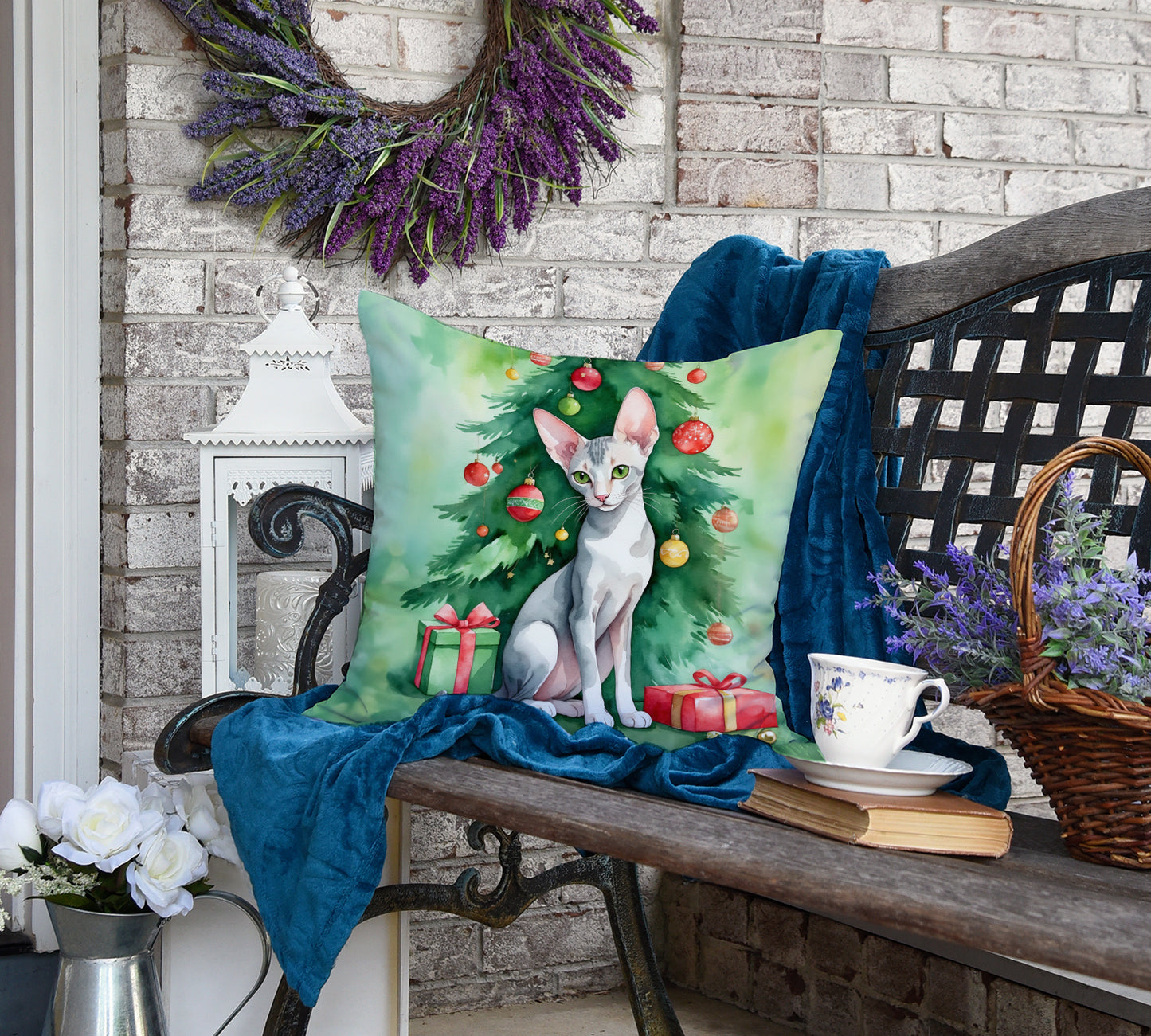 Oriental Shorthair Cat By the Christmas Tree Throw Pillow