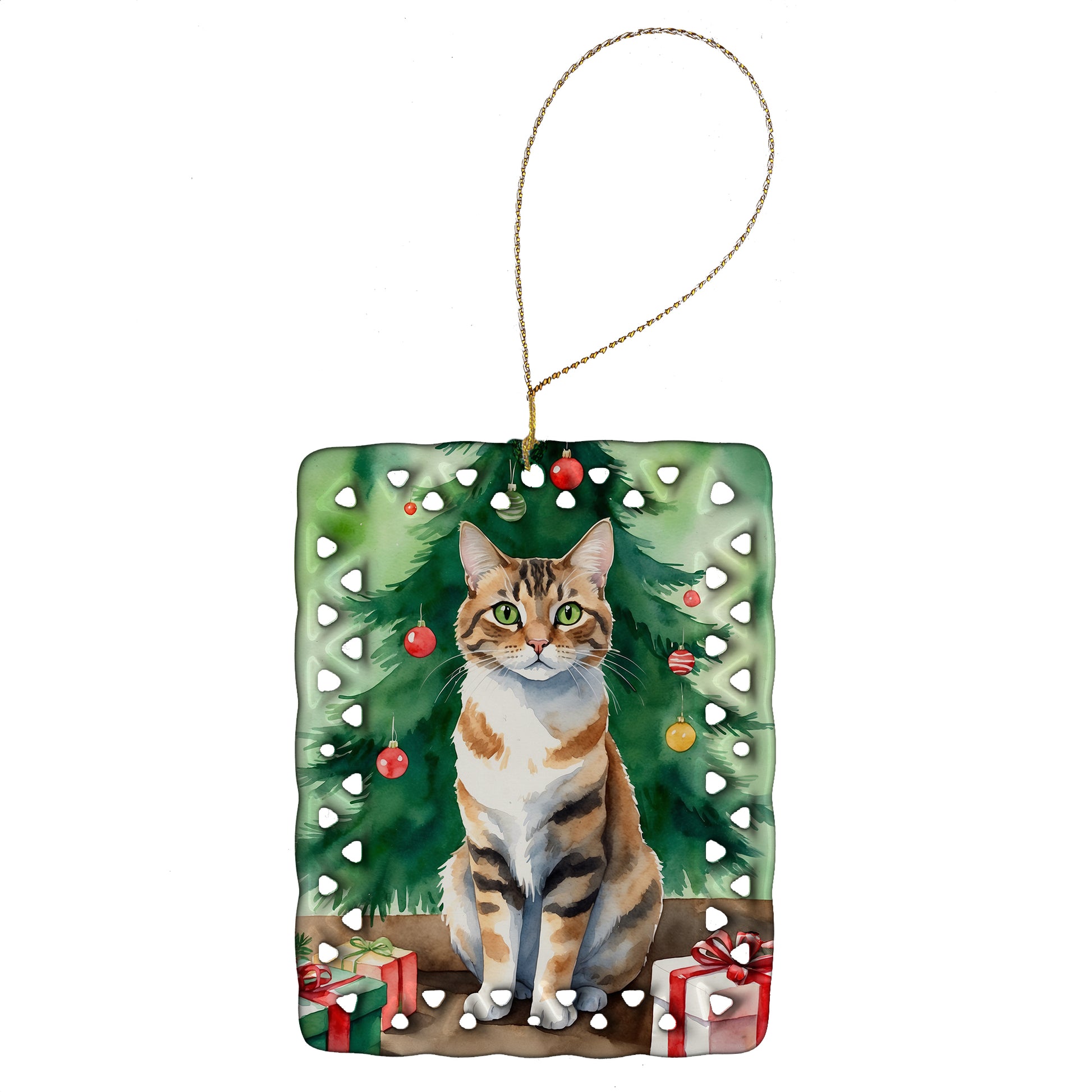 Buy this Owyhee Bob Cat By the Christmas Tree Porcelain Ornament