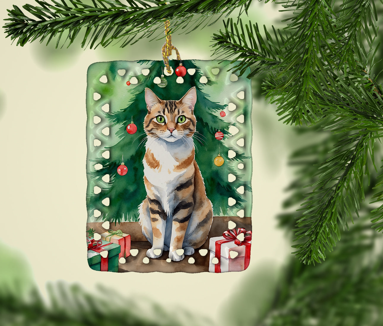 Owyhee Bob Cat By the Christmas Tree Porcelain Ornament
