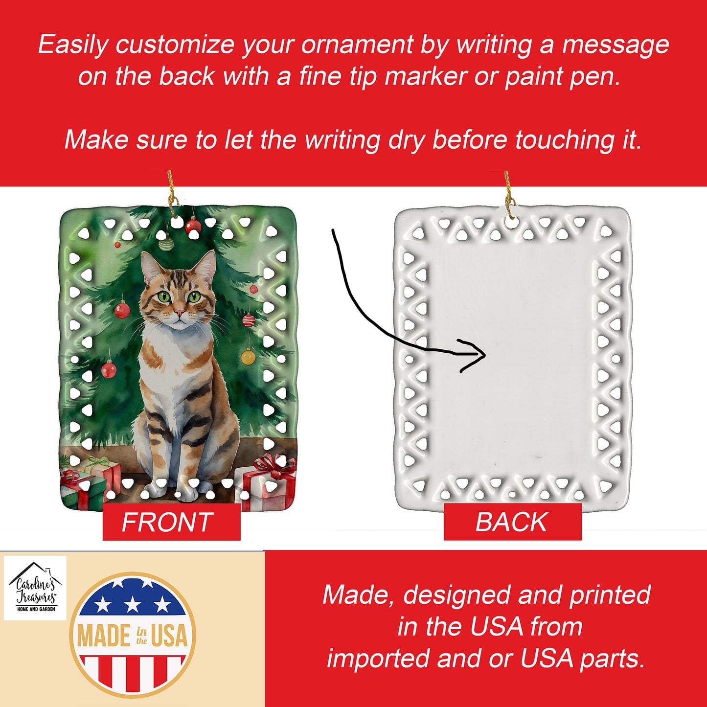 Owyhee Bob Cat By the Christmas Tree Porcelain Ornament