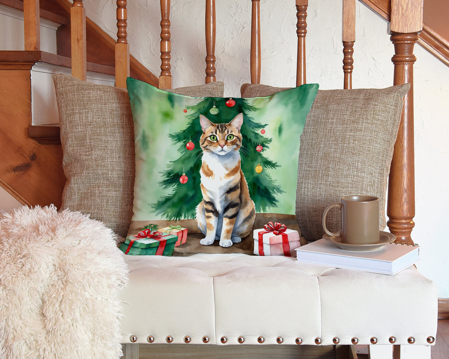 Owyhee Bob Cat By the Christmas Tree Throw Pillow