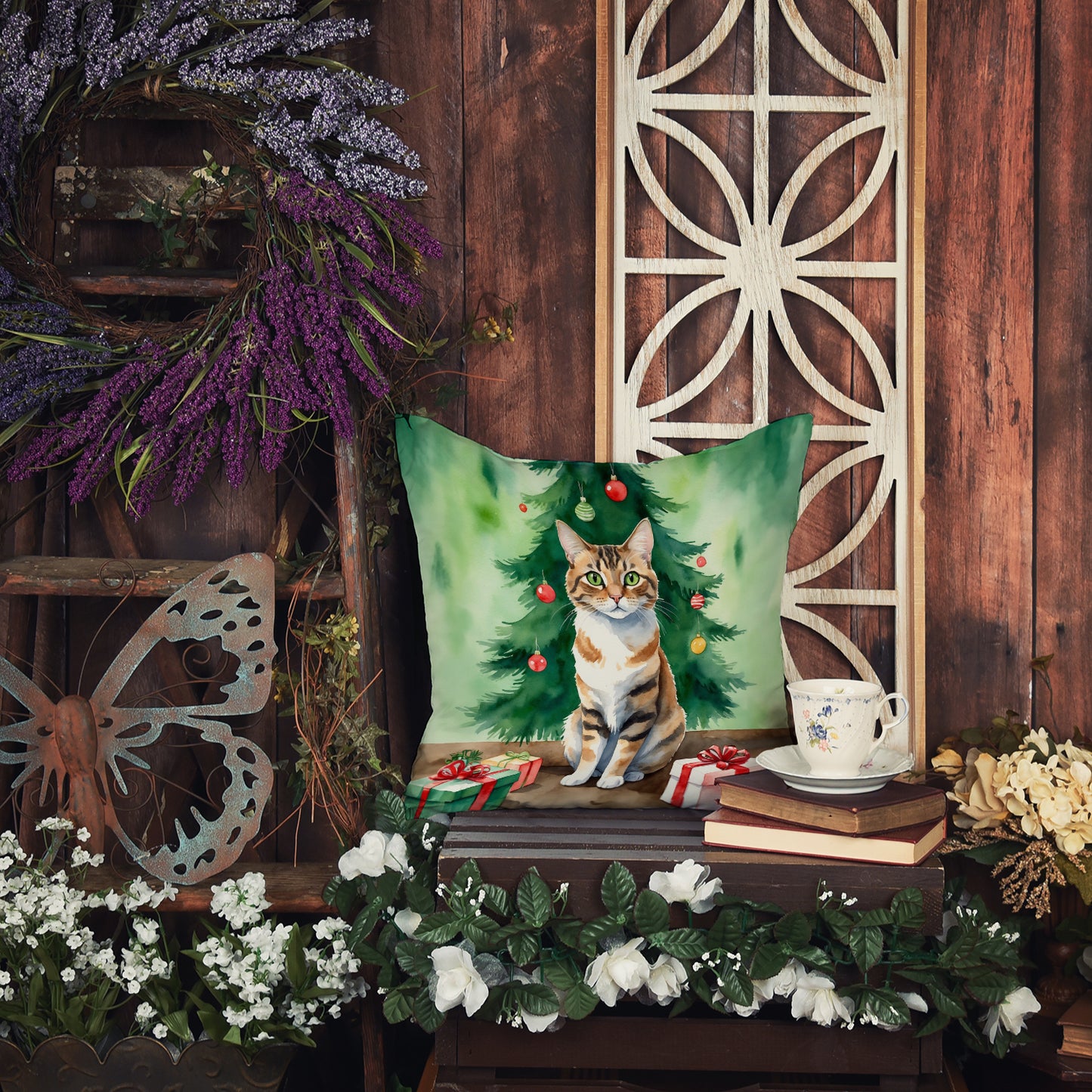 Owyhee Bob Cat By the Christmas Tree Throw Pillow