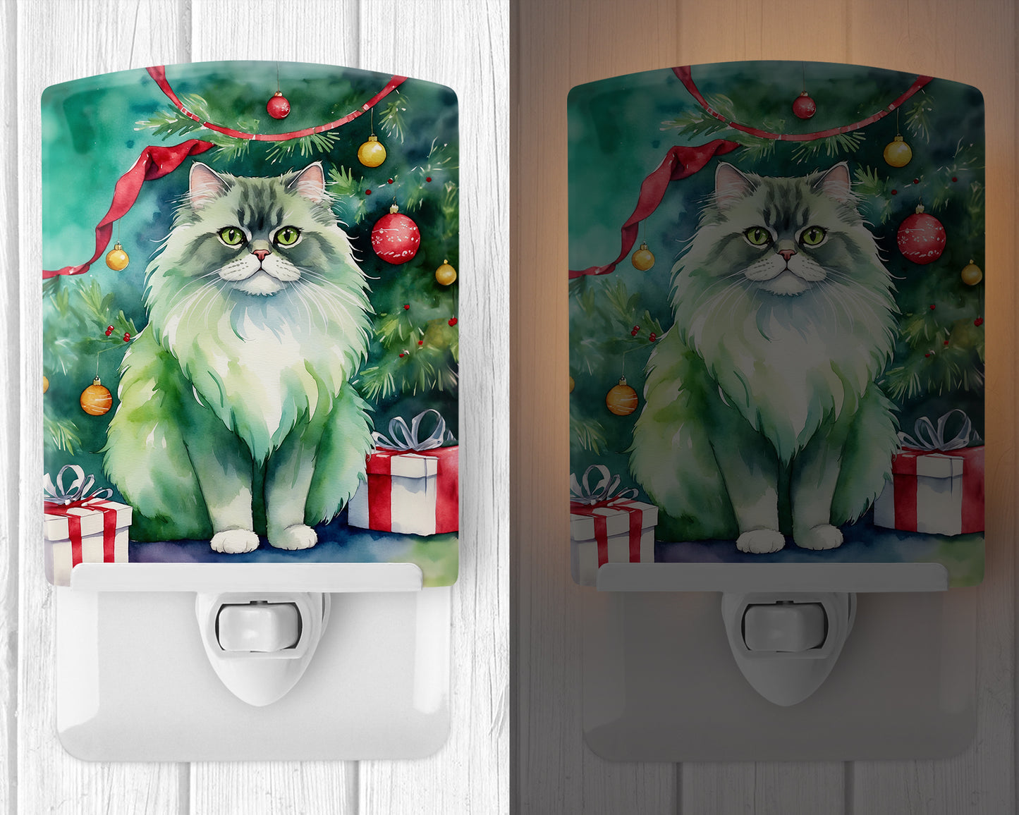 Persian Cat By the Christmas Tree Ceramic Night Light