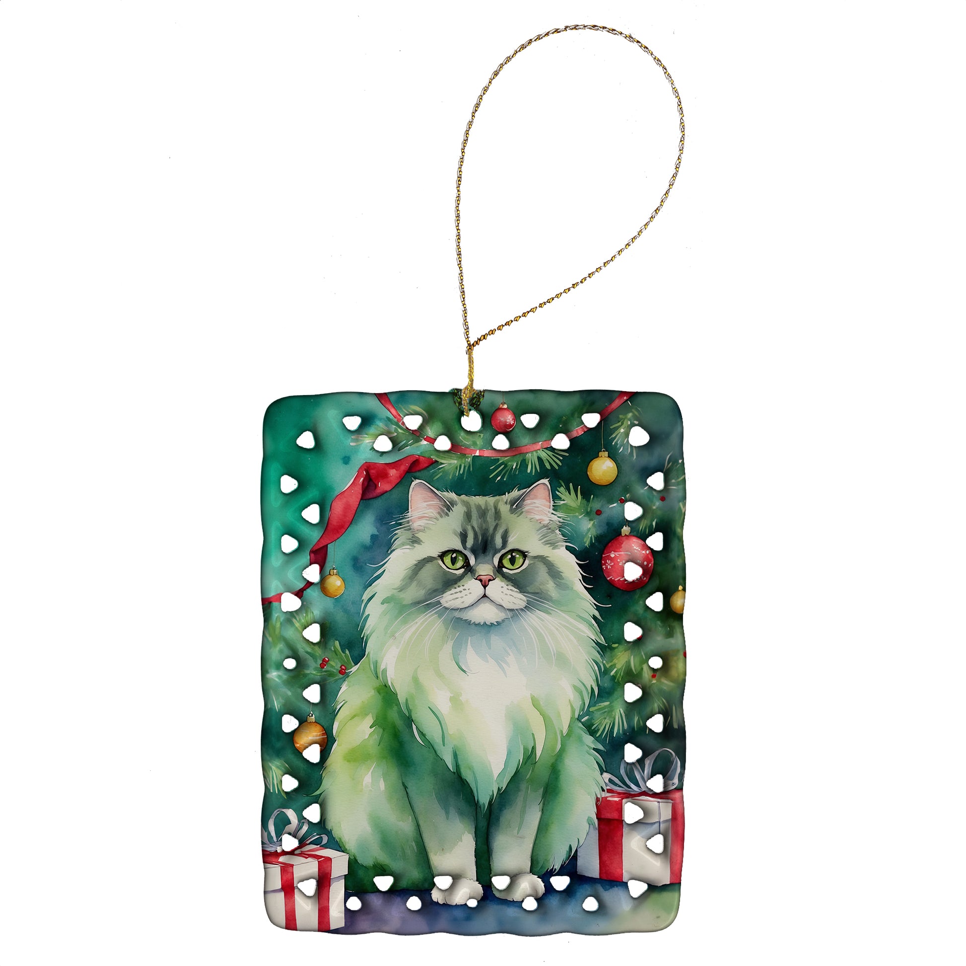 Buy this Persian Cat By the Christmas Tree Porcelain Ornament