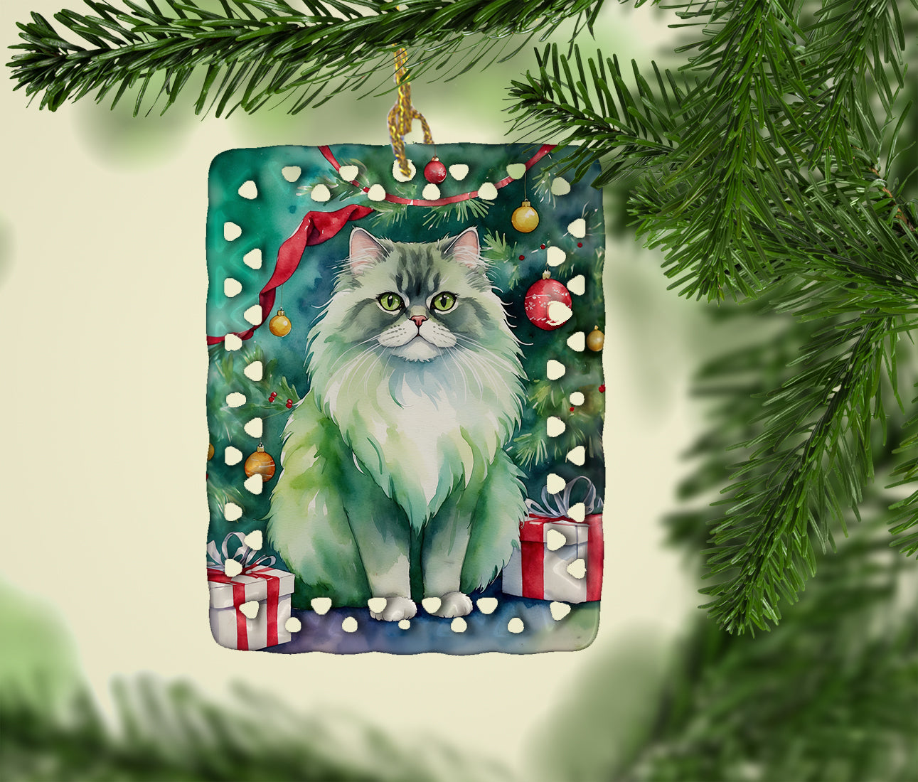 Persian Cat By the Christmas Tree Porcelain Ornament