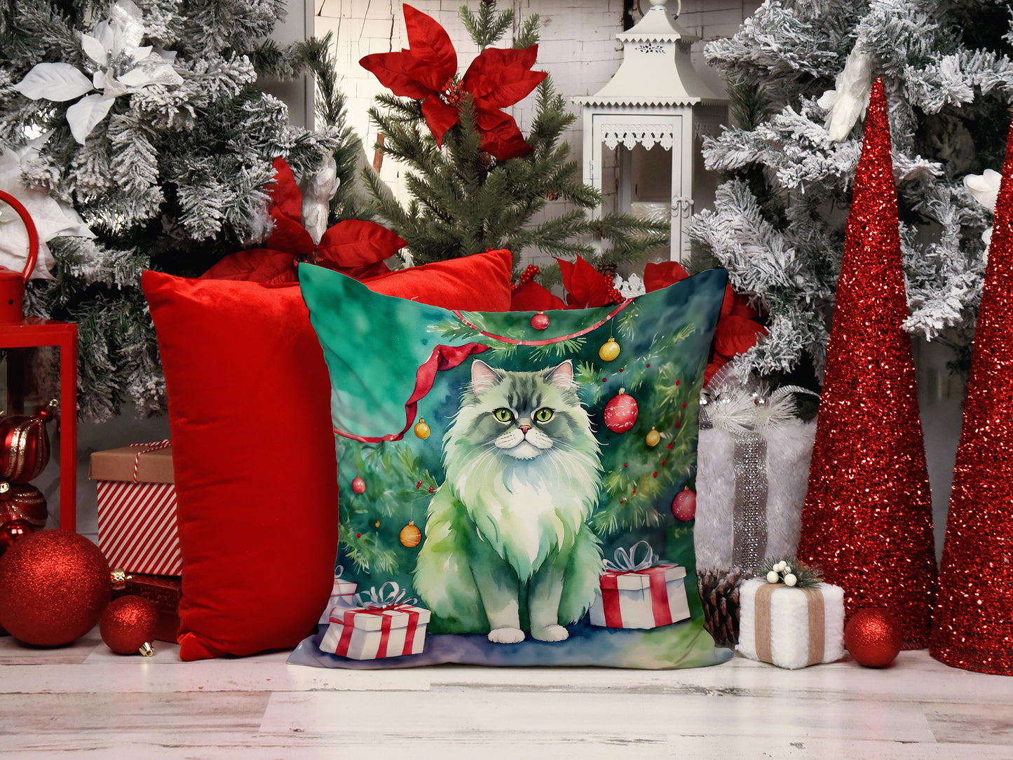 Persian Cat By the Christmas Tree Throw Pillow