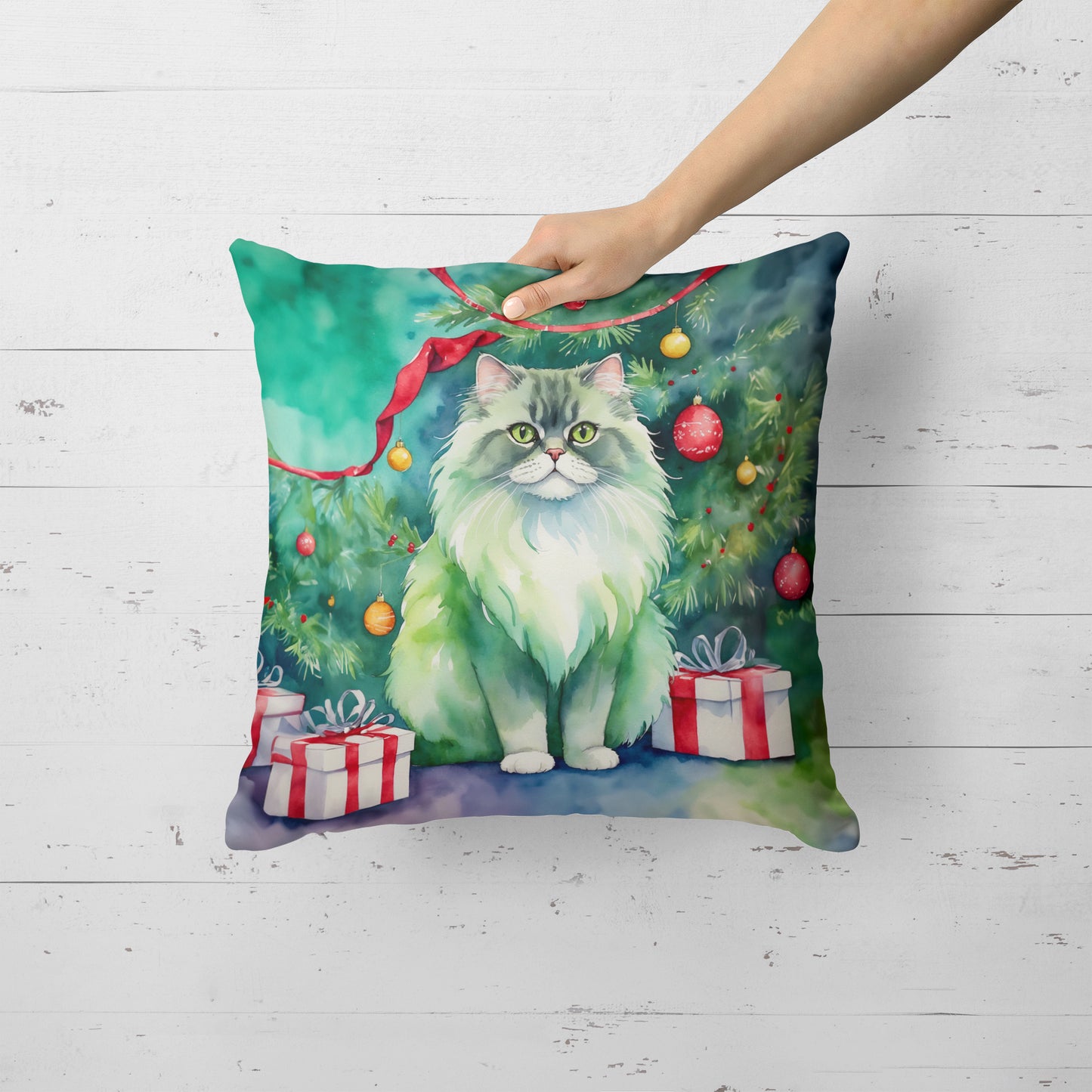 Persian Cat By the Christmas Tree Throw Pillow