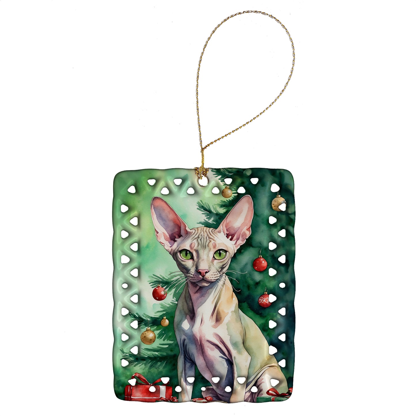 Buy this Peterbald Cat By the Christmas Tree Porcelain Ornament