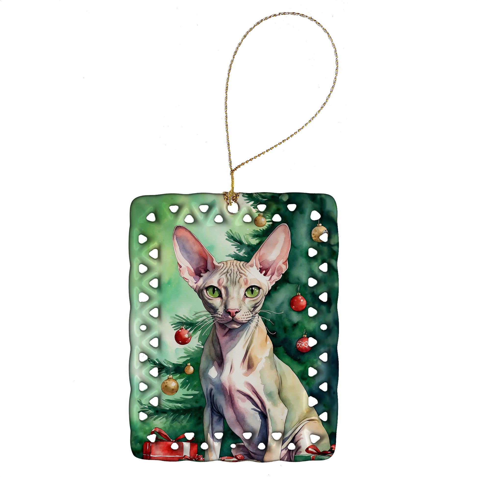 Buy this Peterbald Cat By the Christmas Tree Porcelain Ornament