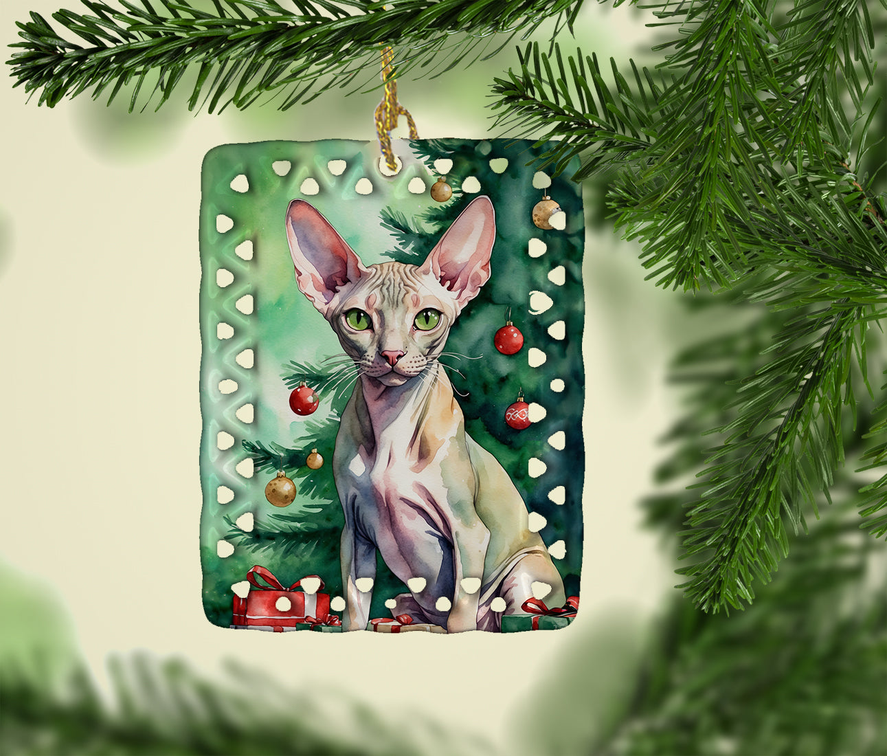 Peterbald Cat By the Christmas Tree Porcelain Ornament