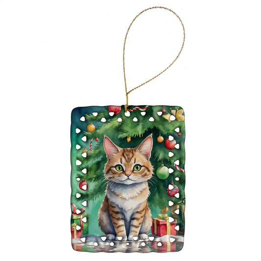 Buy this Pixie Bob Cat By the Christmas Tree Porcelain Ornament