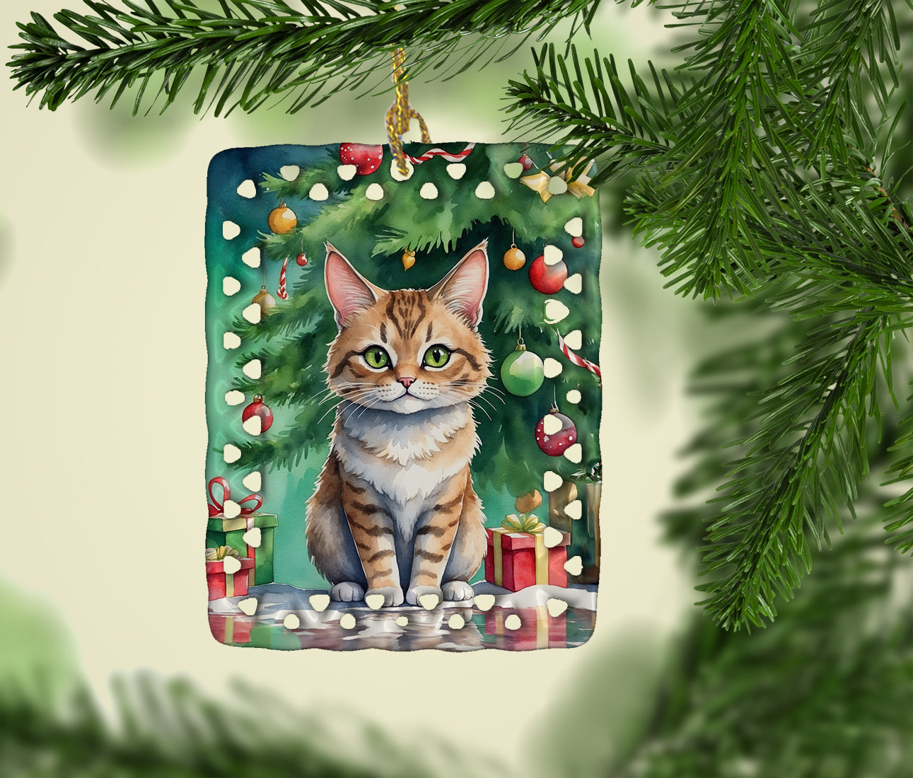 Pixie Bob Cat By the Christmas Tree Porcelain Ornament