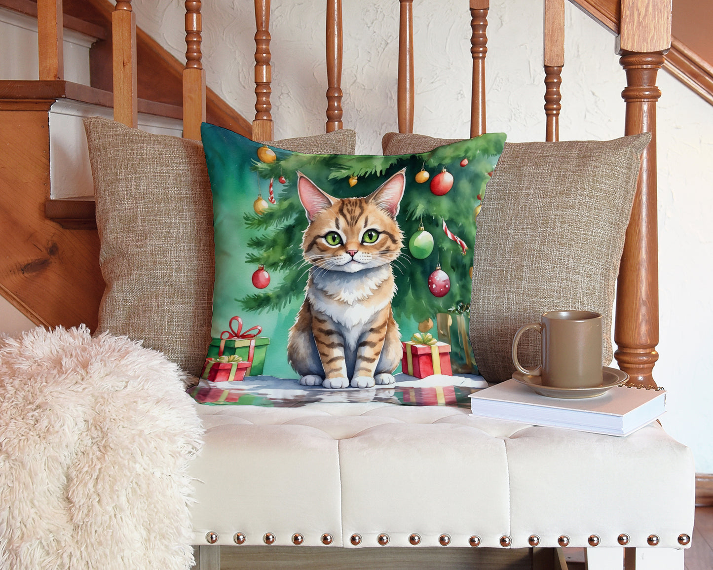 Pixie Bob Cat By the Christmas Tree Throw Pillow