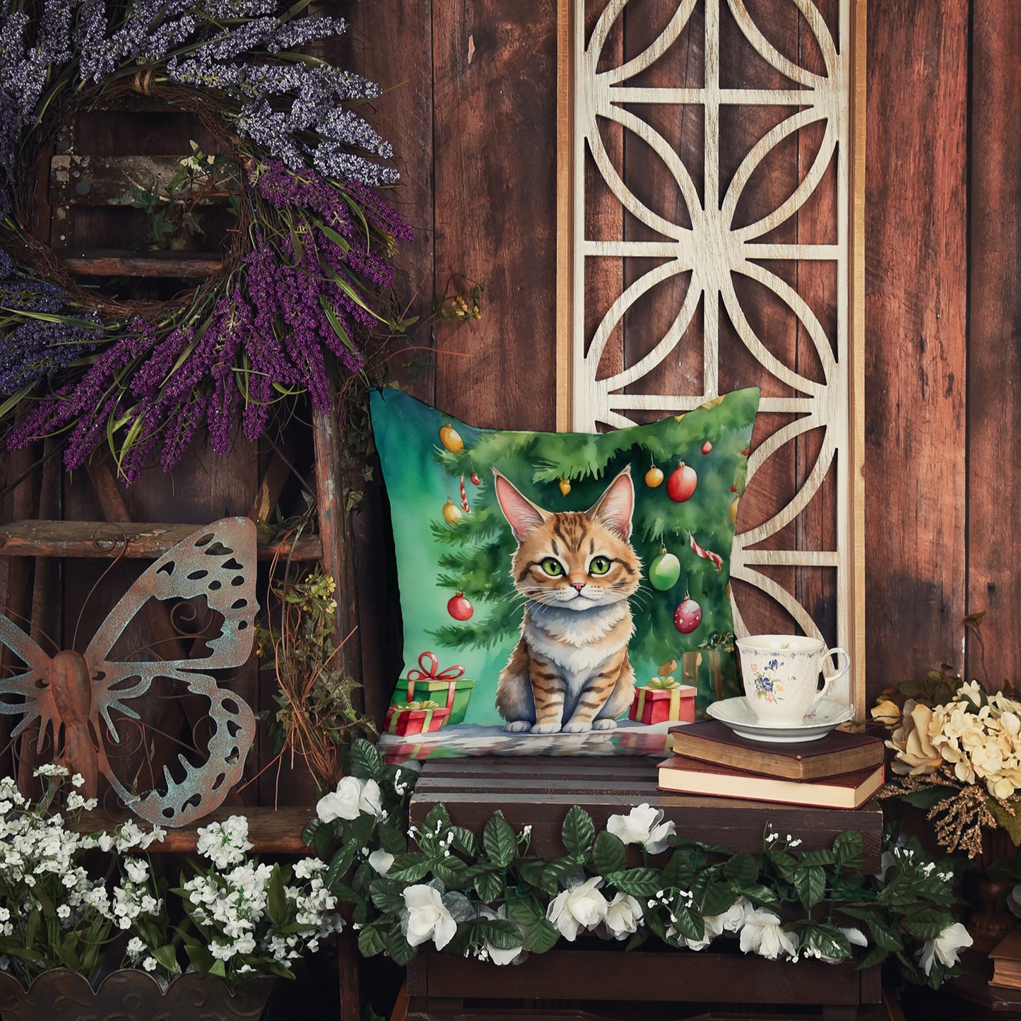 Pixie Bob Cat By the Christmas Tree Throw Pillow