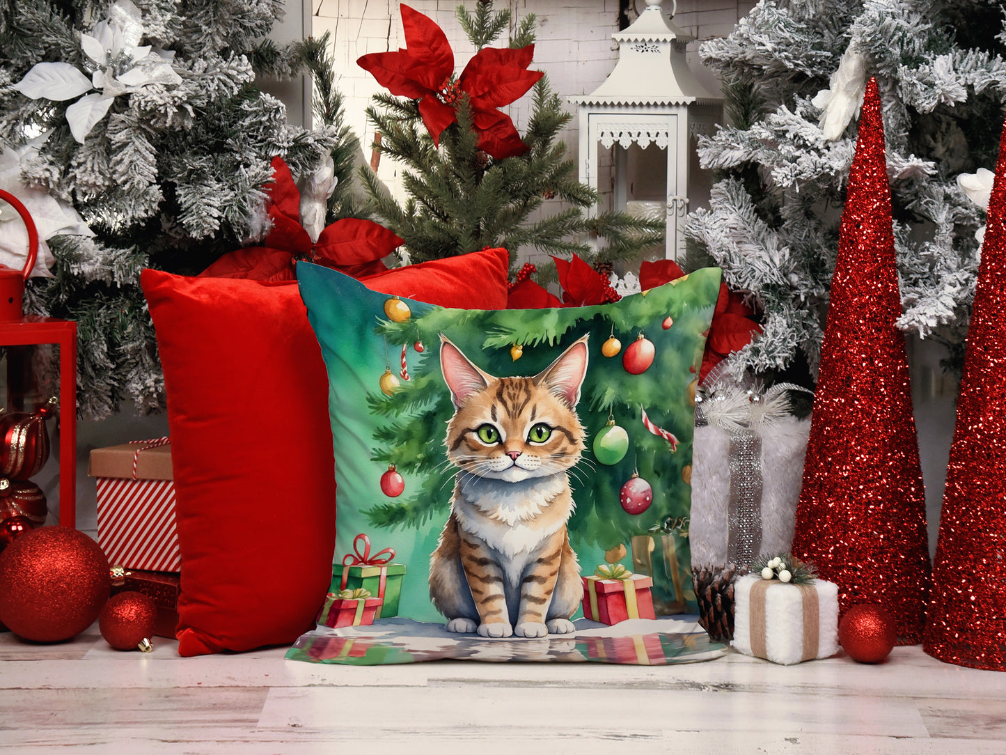 Pixie Bob Cat By the Christmas Tree Throw Pillow