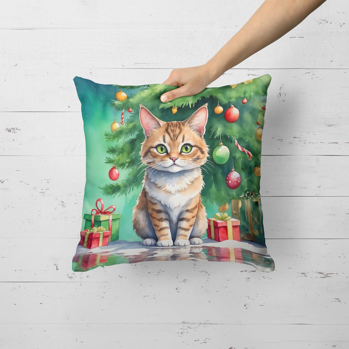 Pixie Bob Cat By the Christmas Tree Throw Pillow