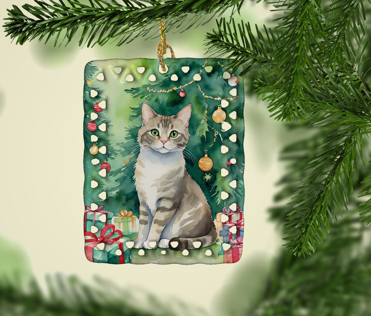 Pudelkatze Cat By the Christmas Tree Porcelain Ornament