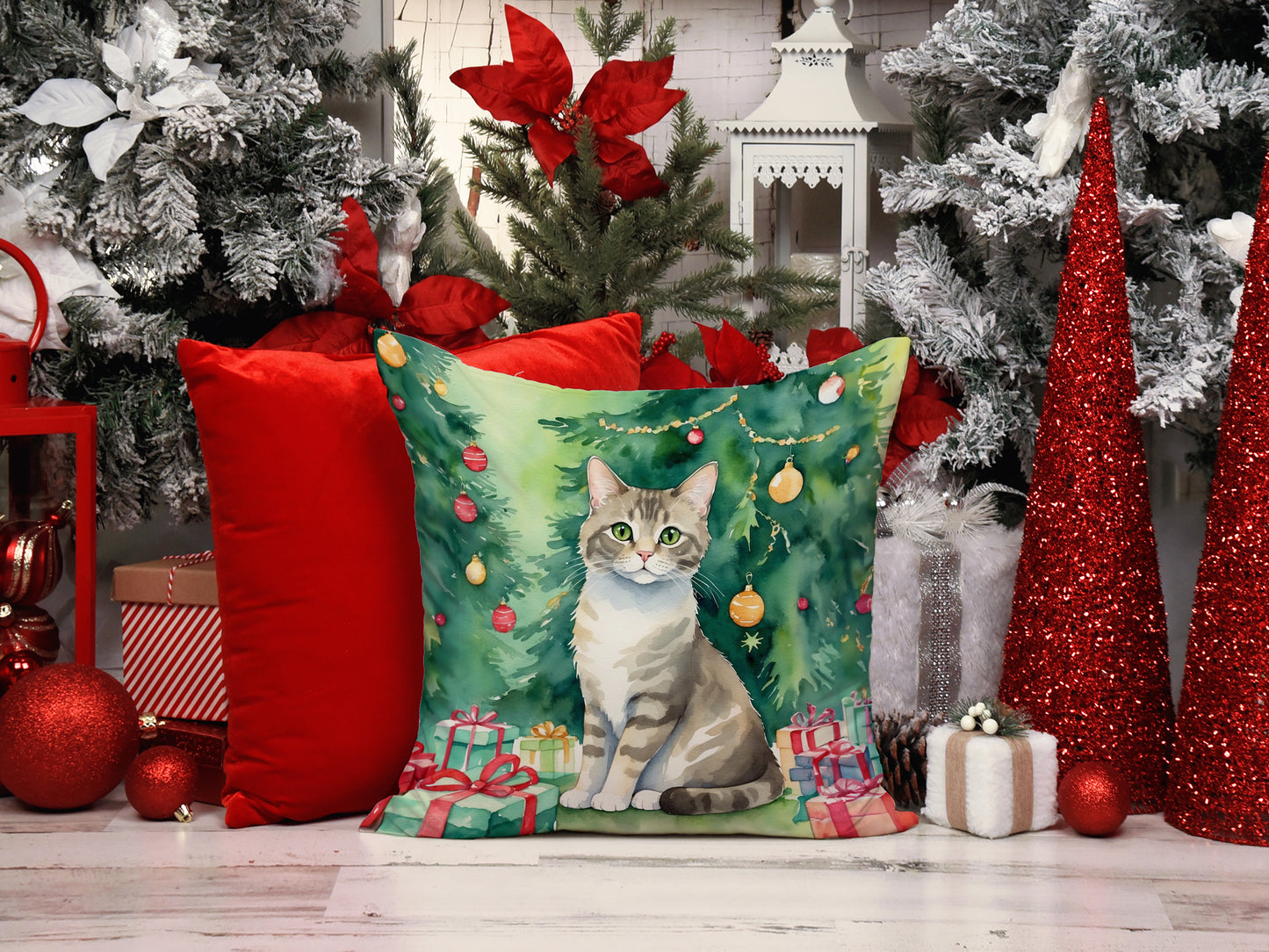 Pudelkatze Cat By the Christmas Tree Throw Pillow