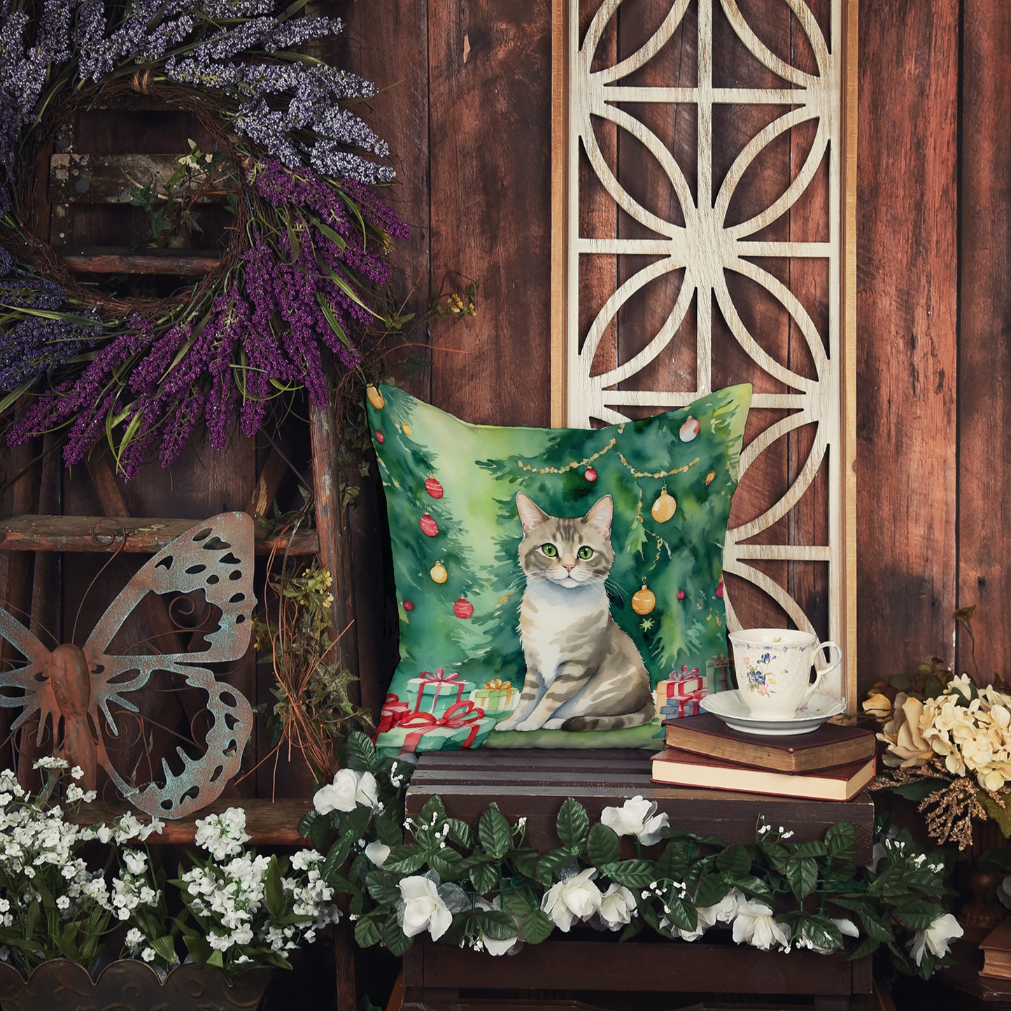Pudelkatze Cat By the Christmas Tree Throw Pillow