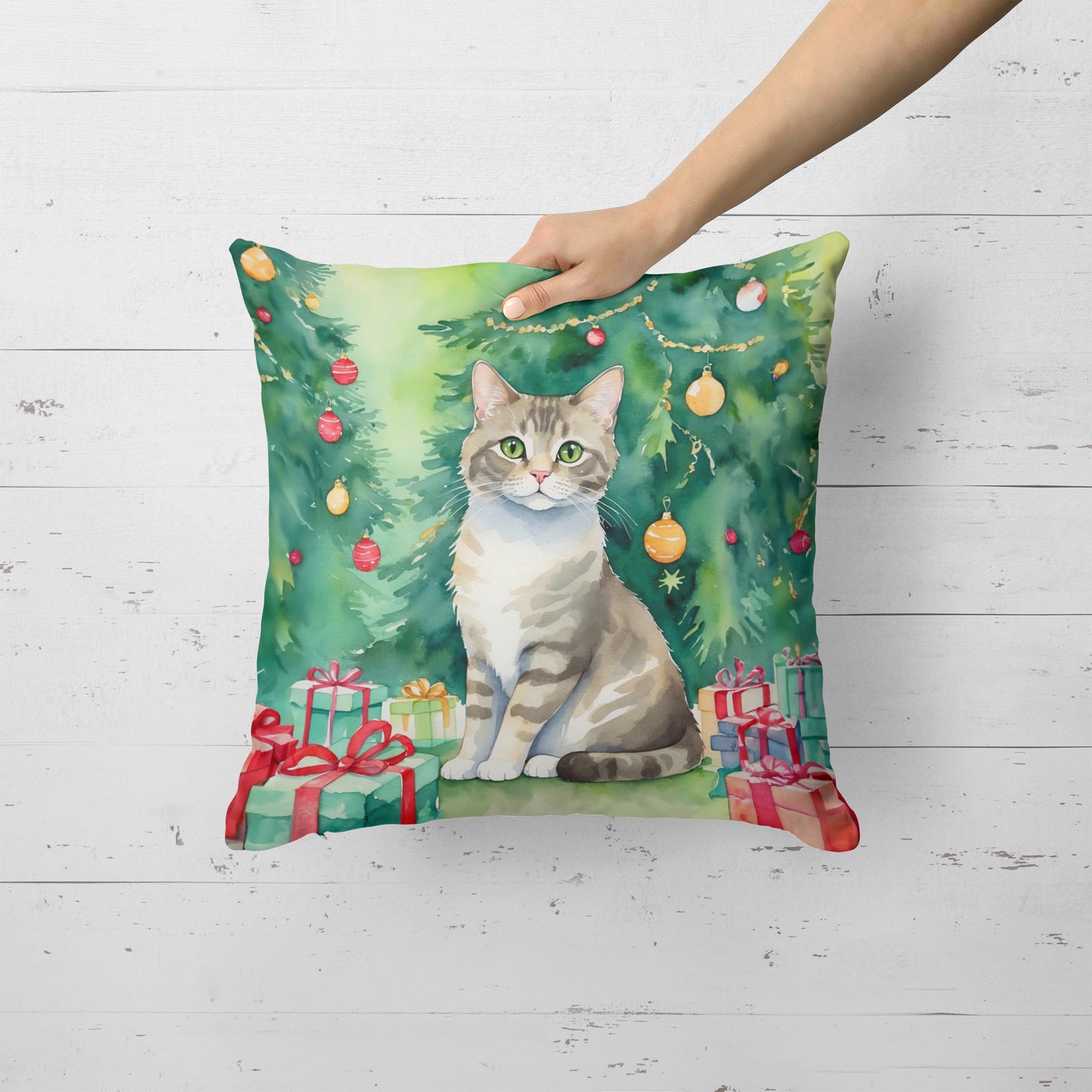 Pudelkatze Cat By the Christmas Tree Throw Pillow