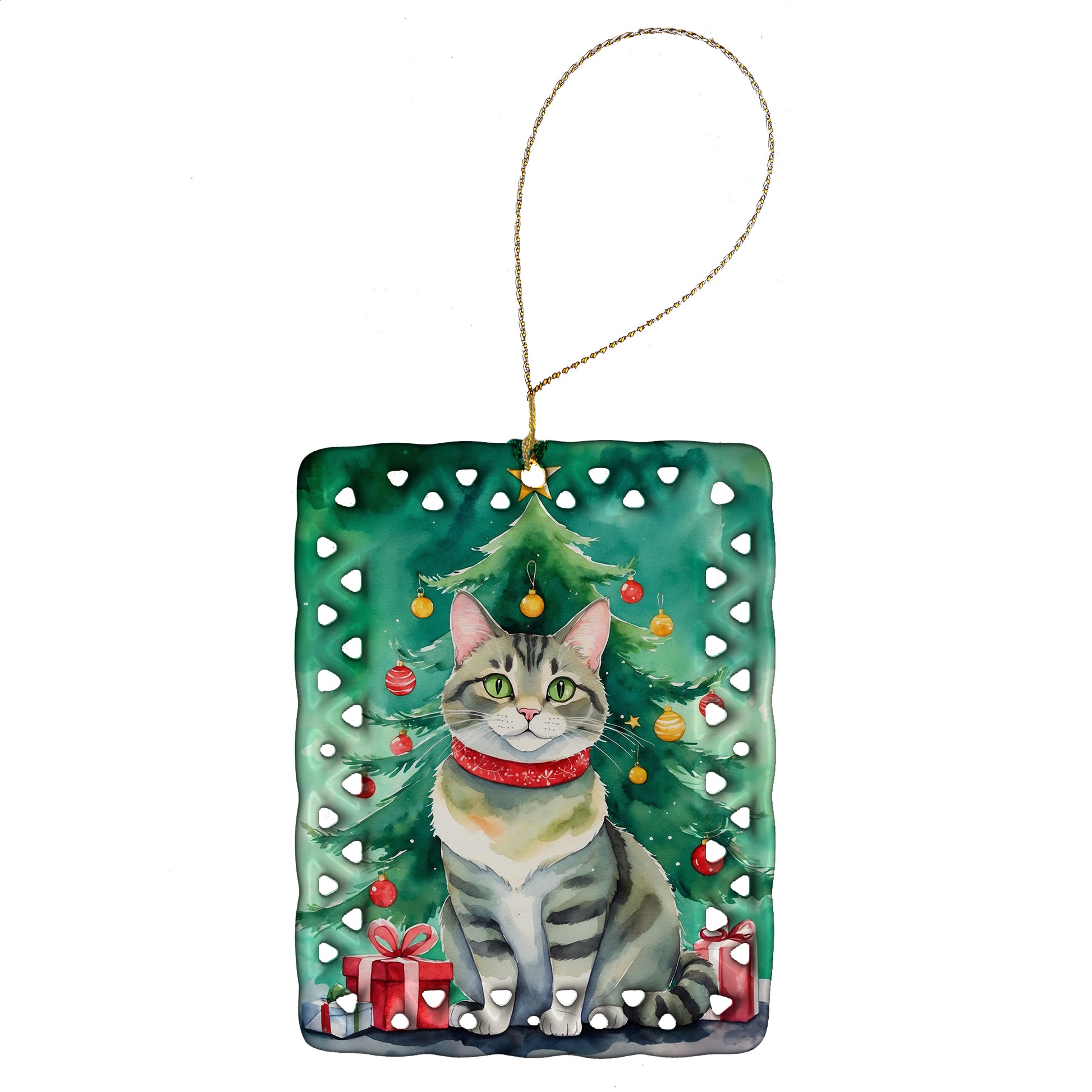 Buy this Raas Cat By the Christmas Tree Porcelain Ornament